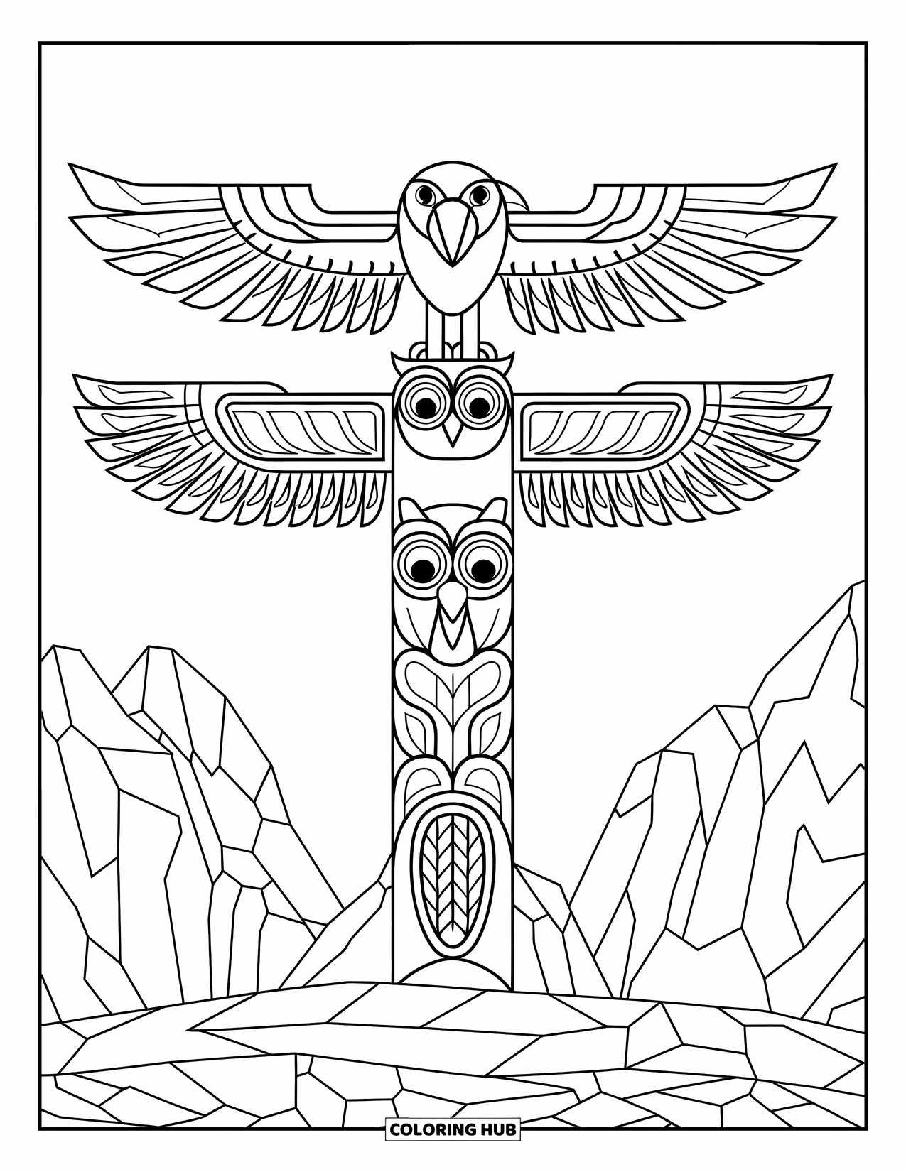 Totem Coloring Page for Adults: A raven, owl, and beaver form a totem pole on rocky terrain