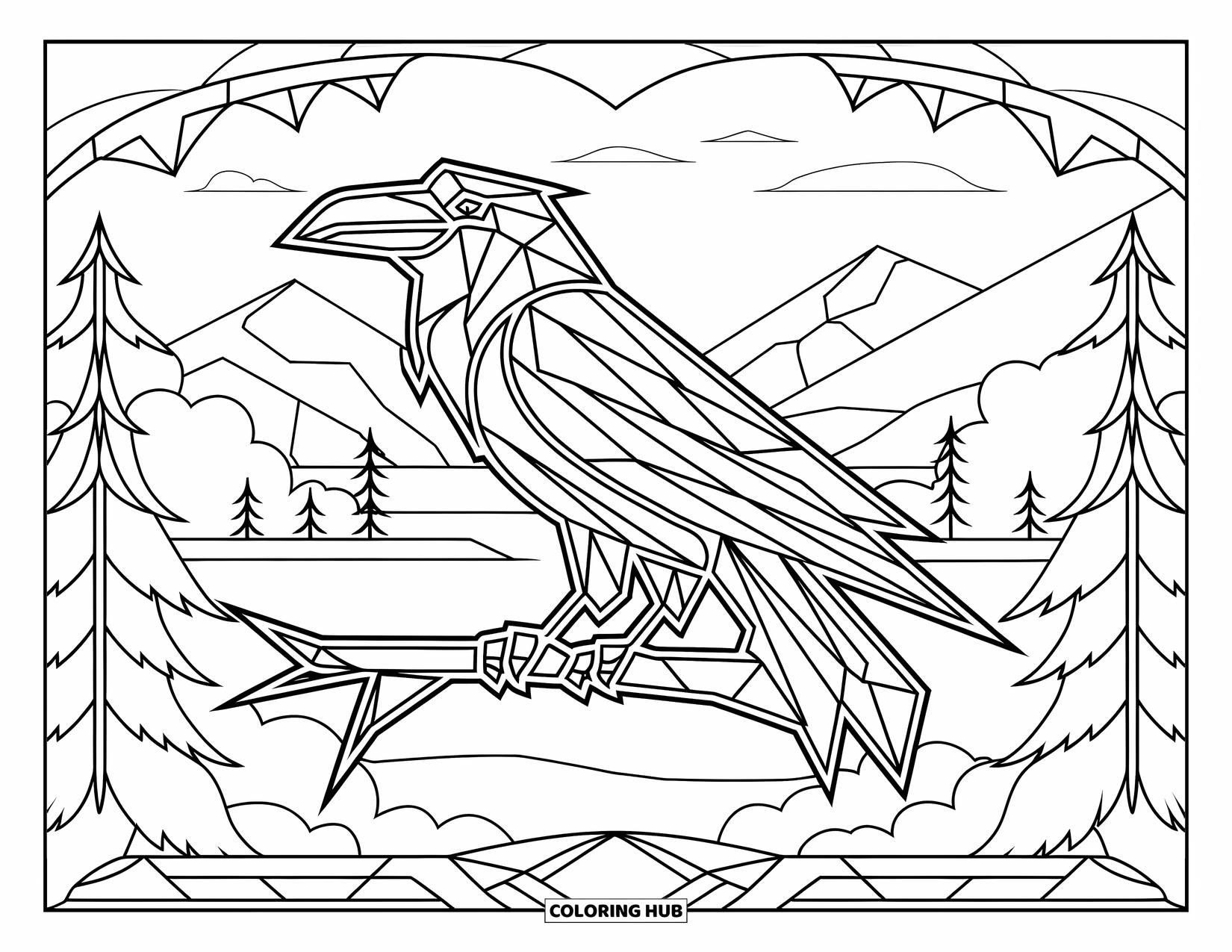 Totem Coloring Page for Adults: A raven totem sits in ornate stained glass with mountains and water behind
