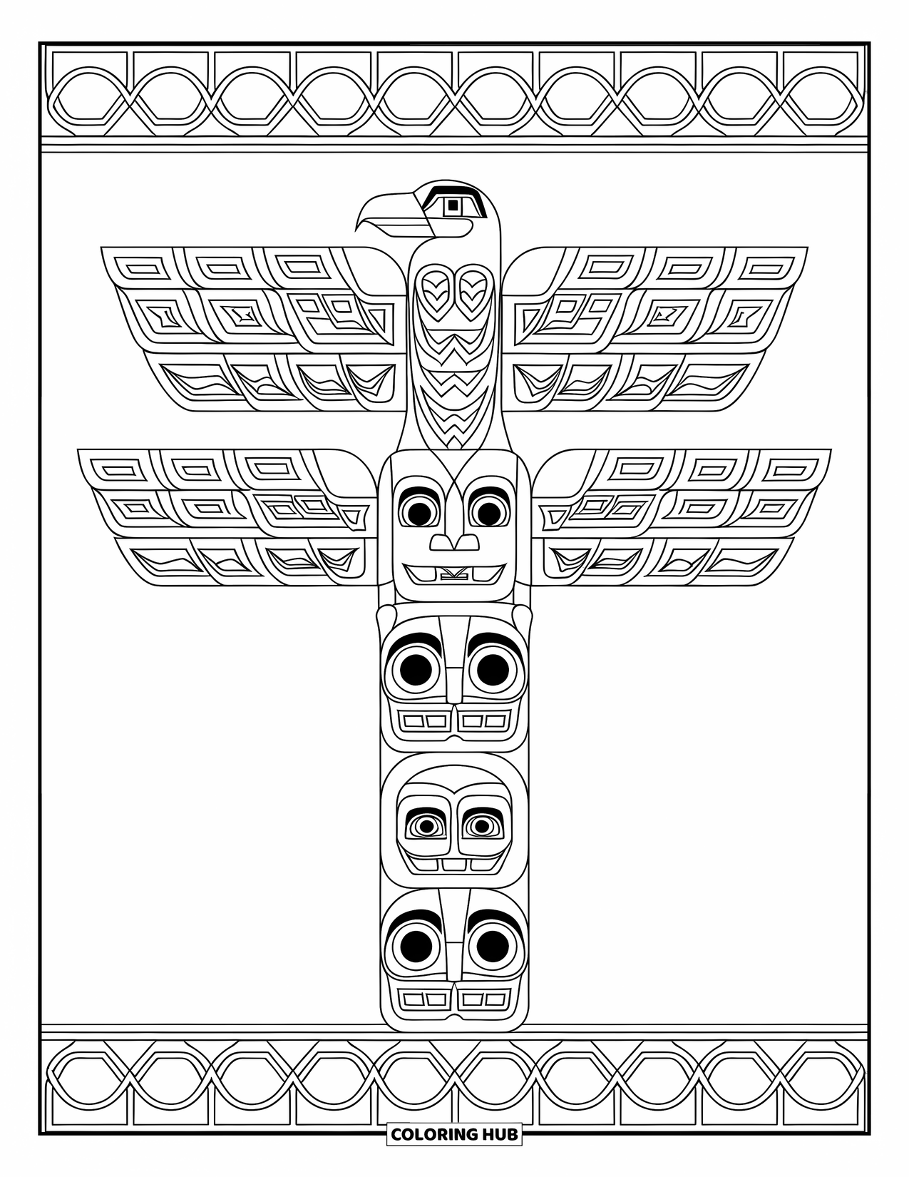 Totem Coloring Page for Adults: A thunderbird tops a pole with human faces, framed by patterned circles