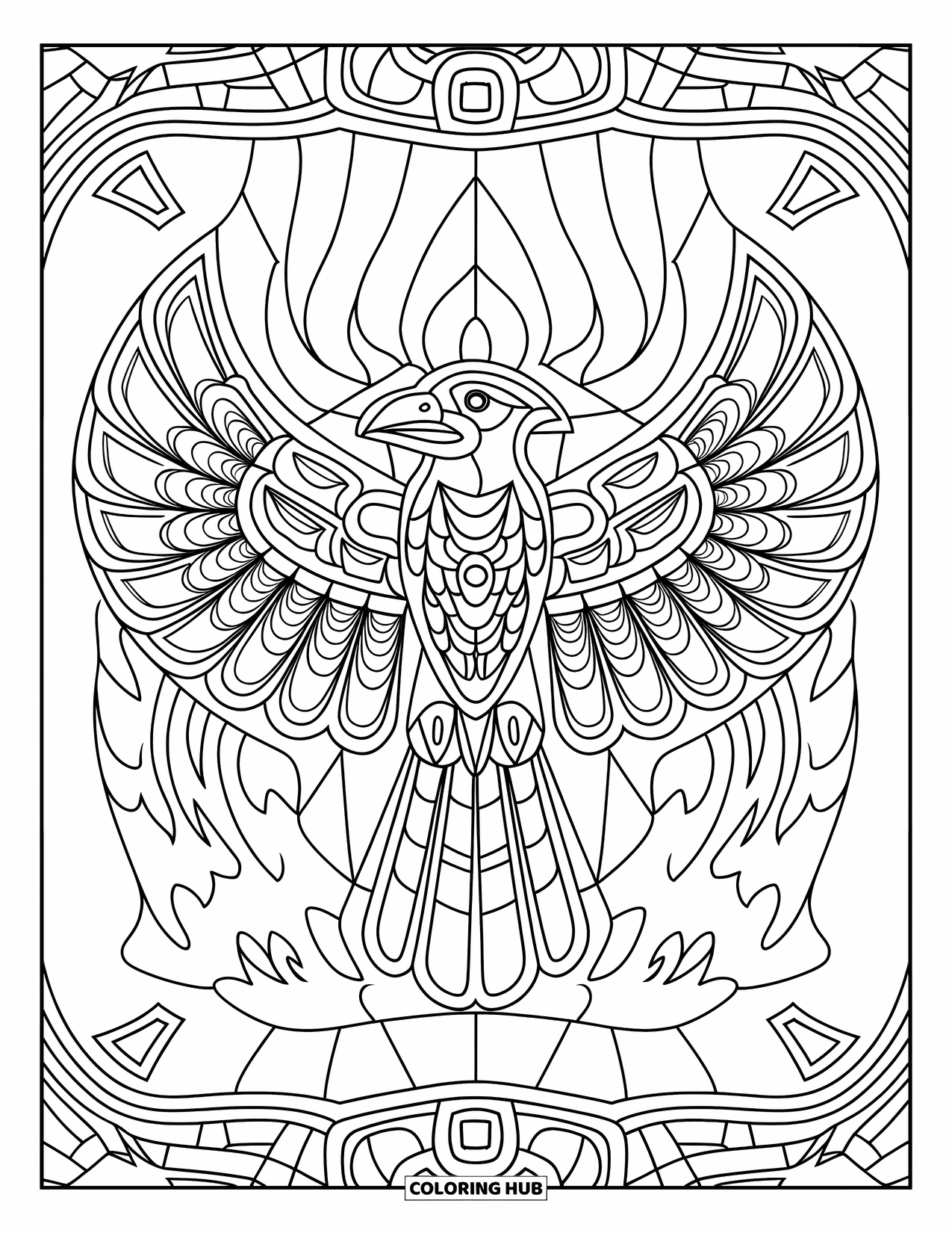 Totem Coloring Page for Adults: A thunderbird totem with open wings is encircled by stained glass patterns