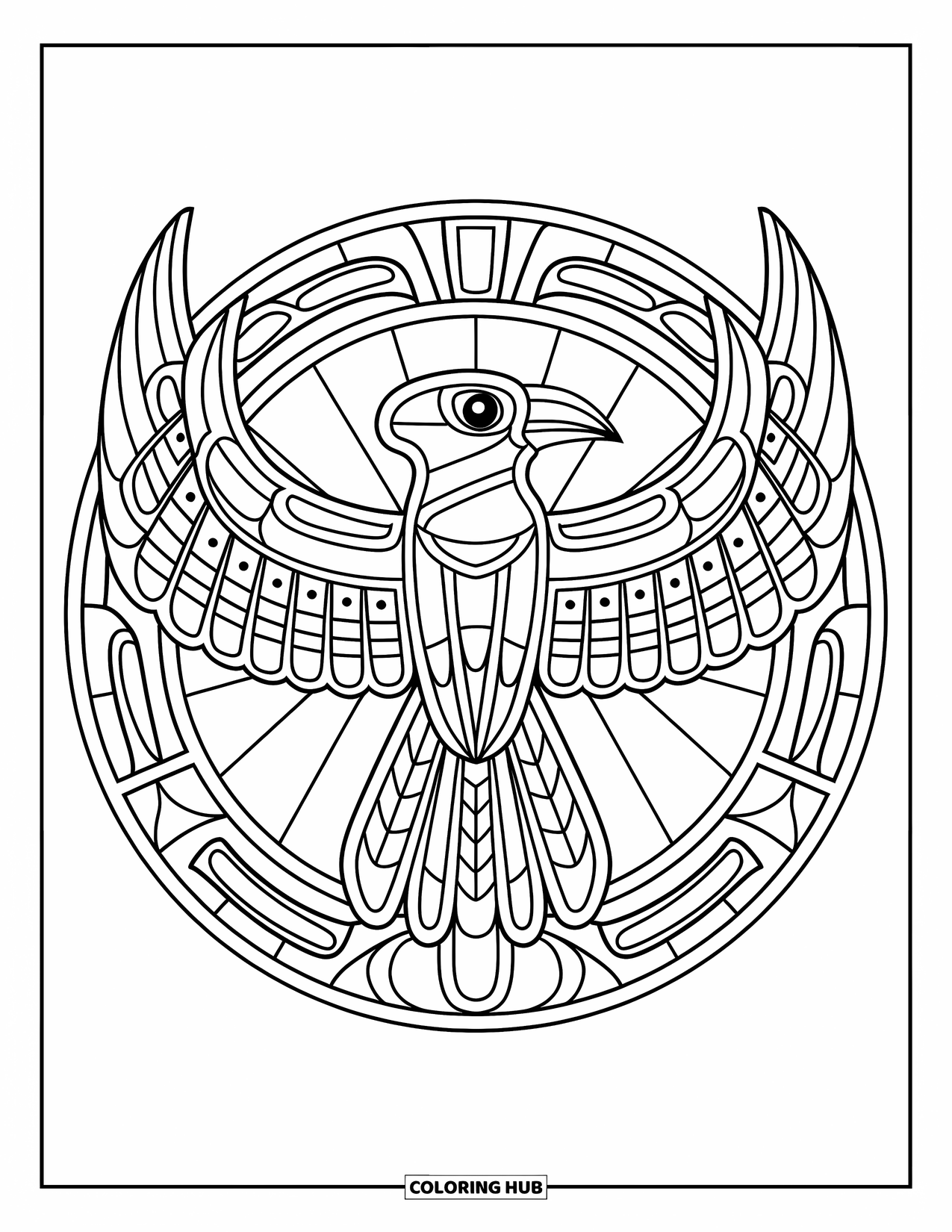 Totem Coloring Page for Adults: A thunderbird with spread wings rests inside a circular stained glass frame