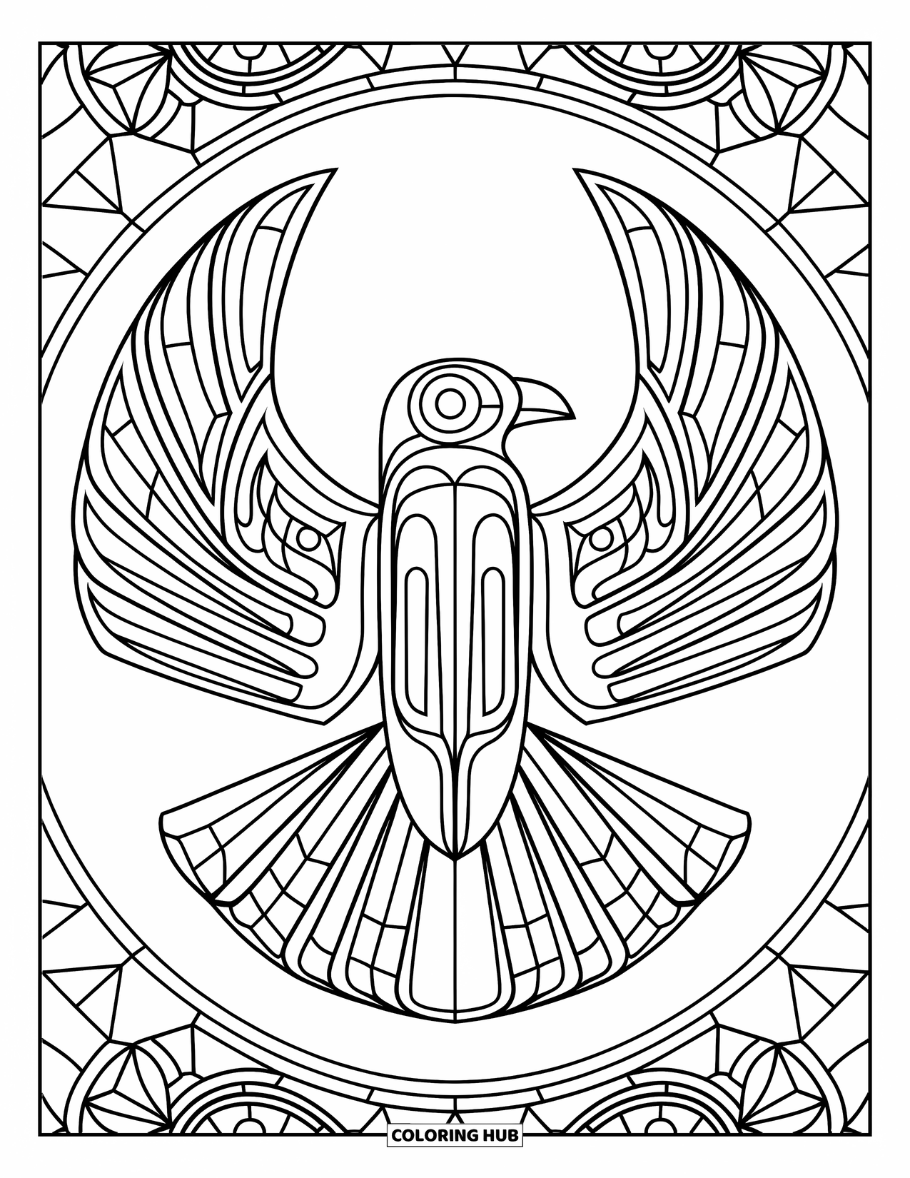 Totem Coloring Page for Adults: A thunderbird with tribal details is surrounded by stained glass designs