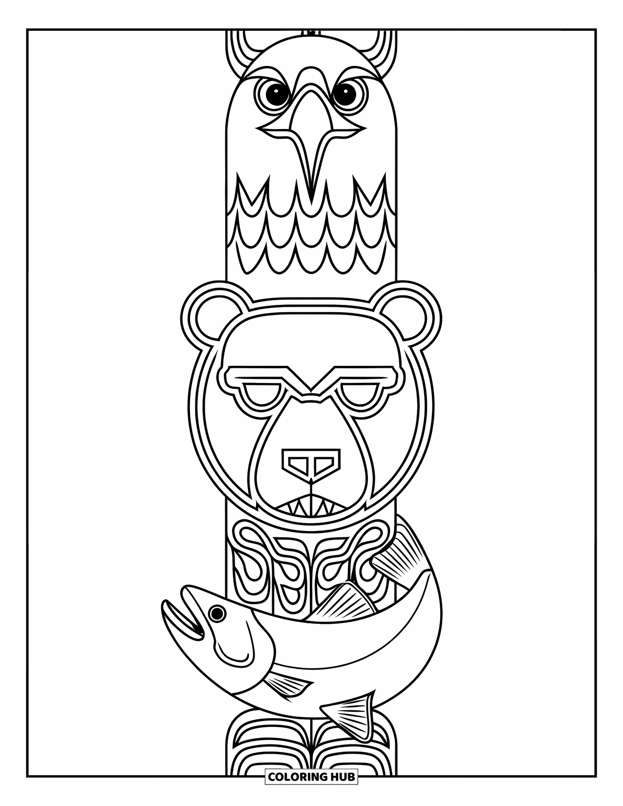 Totem Coloring Page for Adults: A totem pole displays an eagle, bear, and salmon stacked in bold design