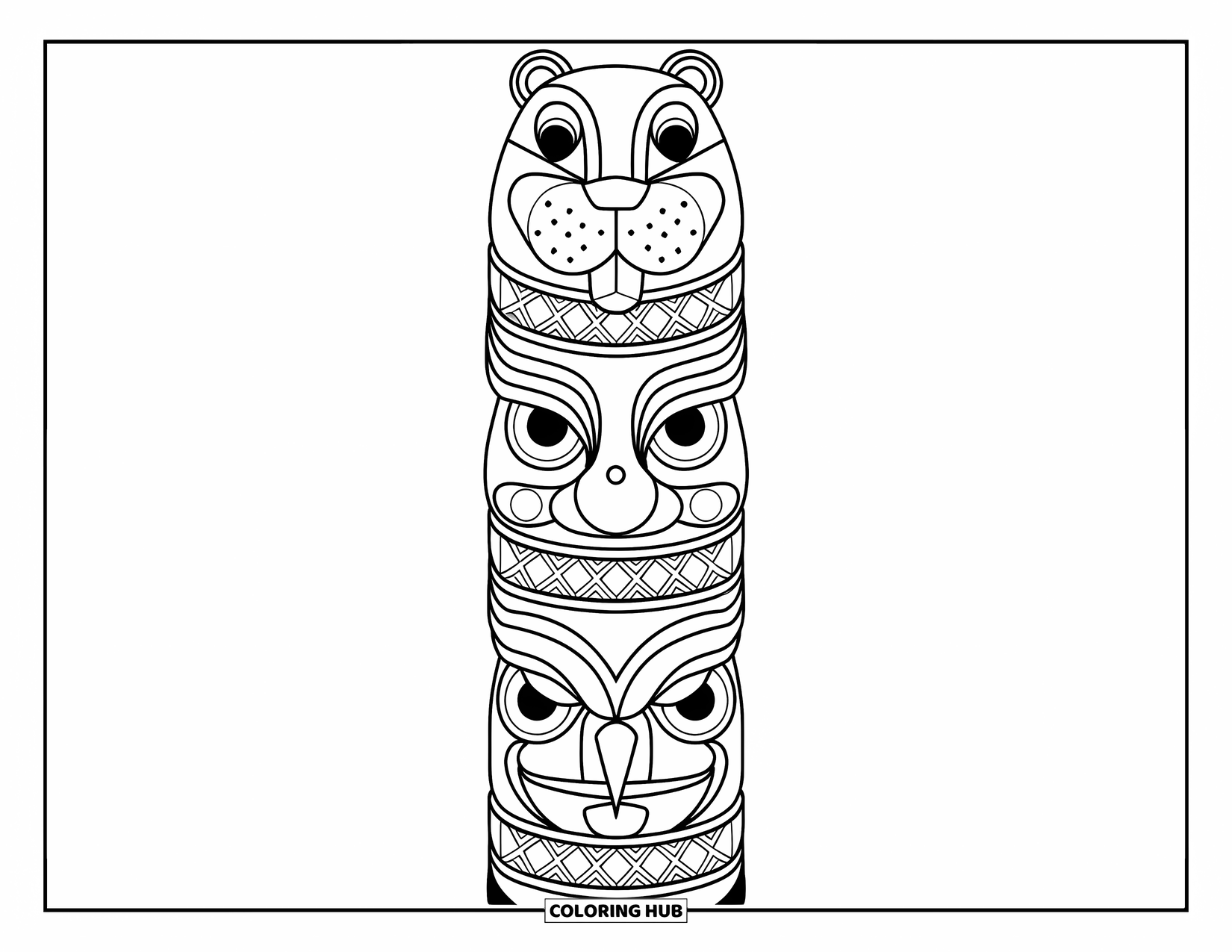 Totem Coloring Page for Adults: A totem pole shows a beaver, frog, and owl mask with ornate bands