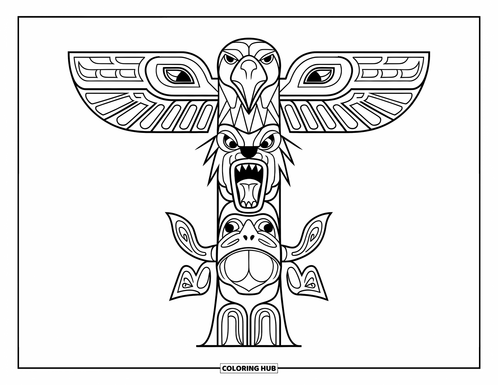 Totem Coloring Page for Adults: A totem pole shows an eagle, a wolf, and a frog with bold carvings