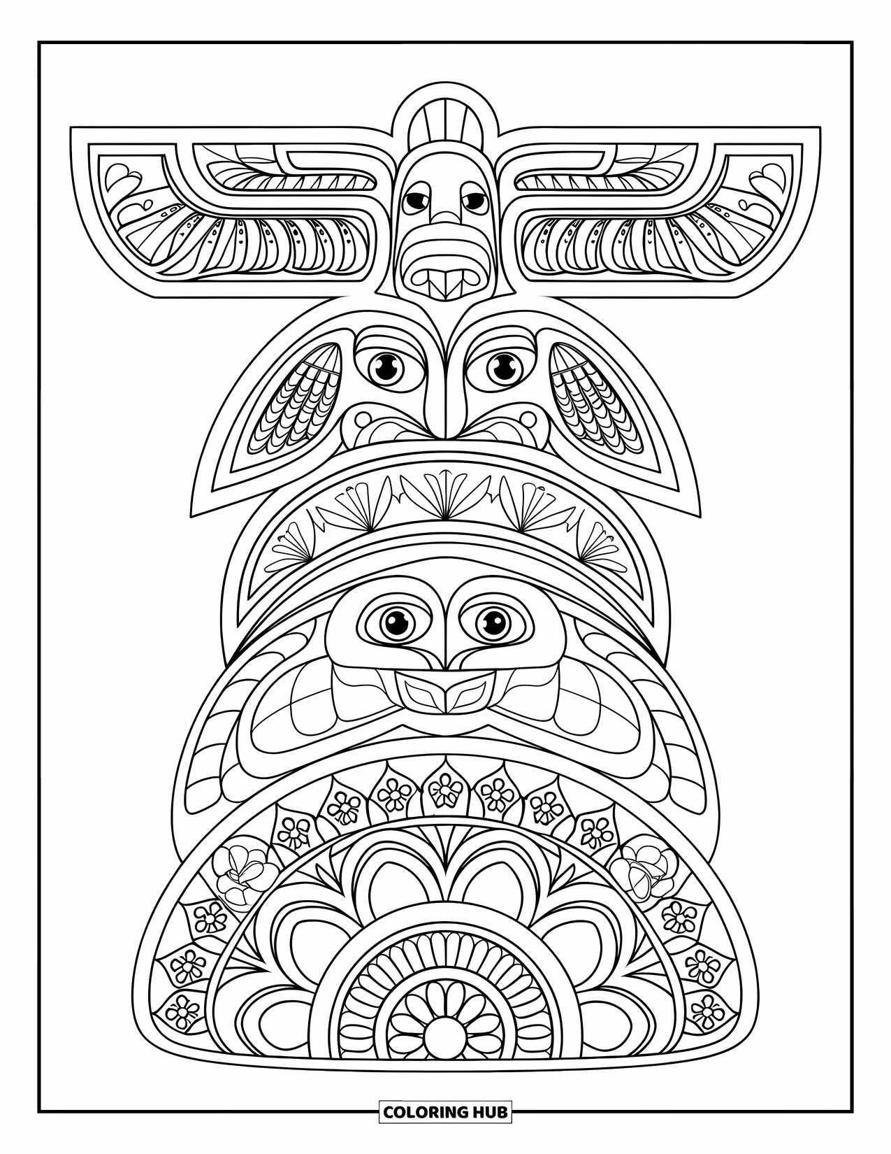 Totem Coloring Page for Adults: A totem pole with animal carvings sits within floral mandala rings