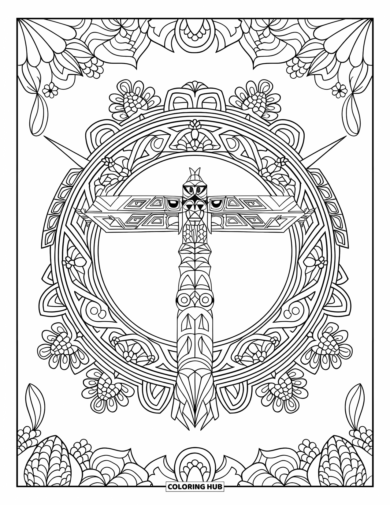 Totem Coloring Page for Adults: A totem pole with animals and shapes is framed by floral mandala rings