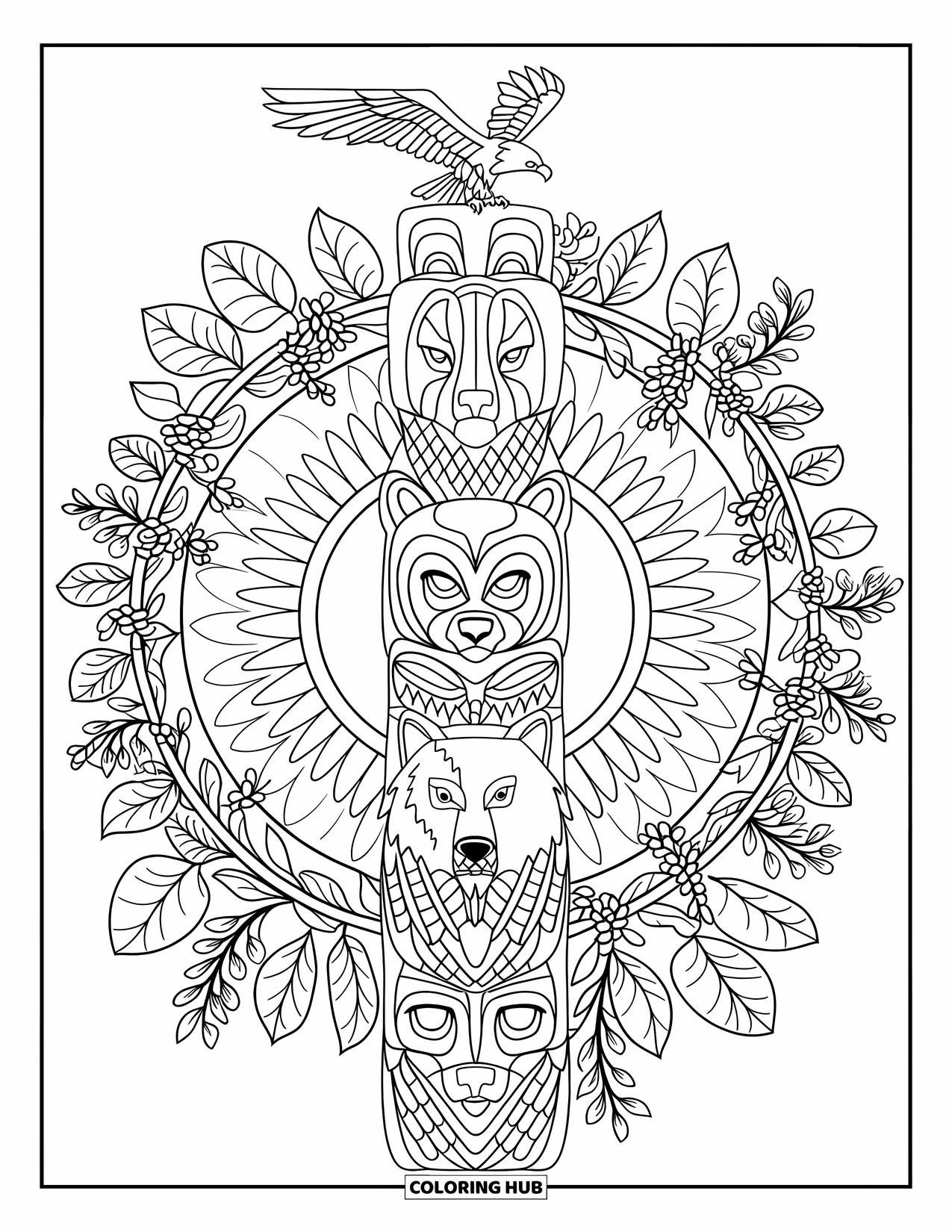 Totem Coloring Page for Adults: A totem pole with stacked animals is framed by leaves, vines, and flowers