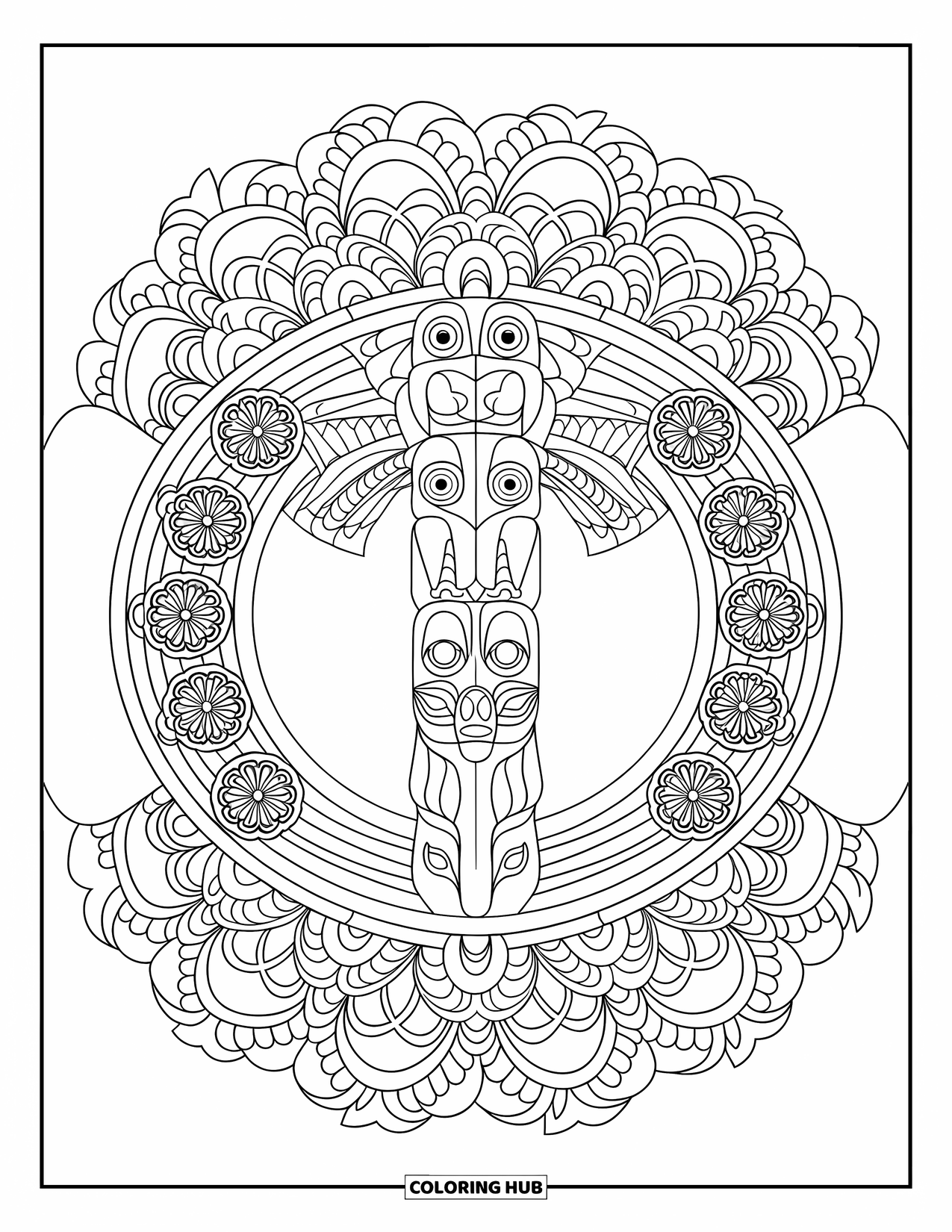 Totem Coloring Page for Adults: A traditional totem pole is surrounded by layered floral mandala rings