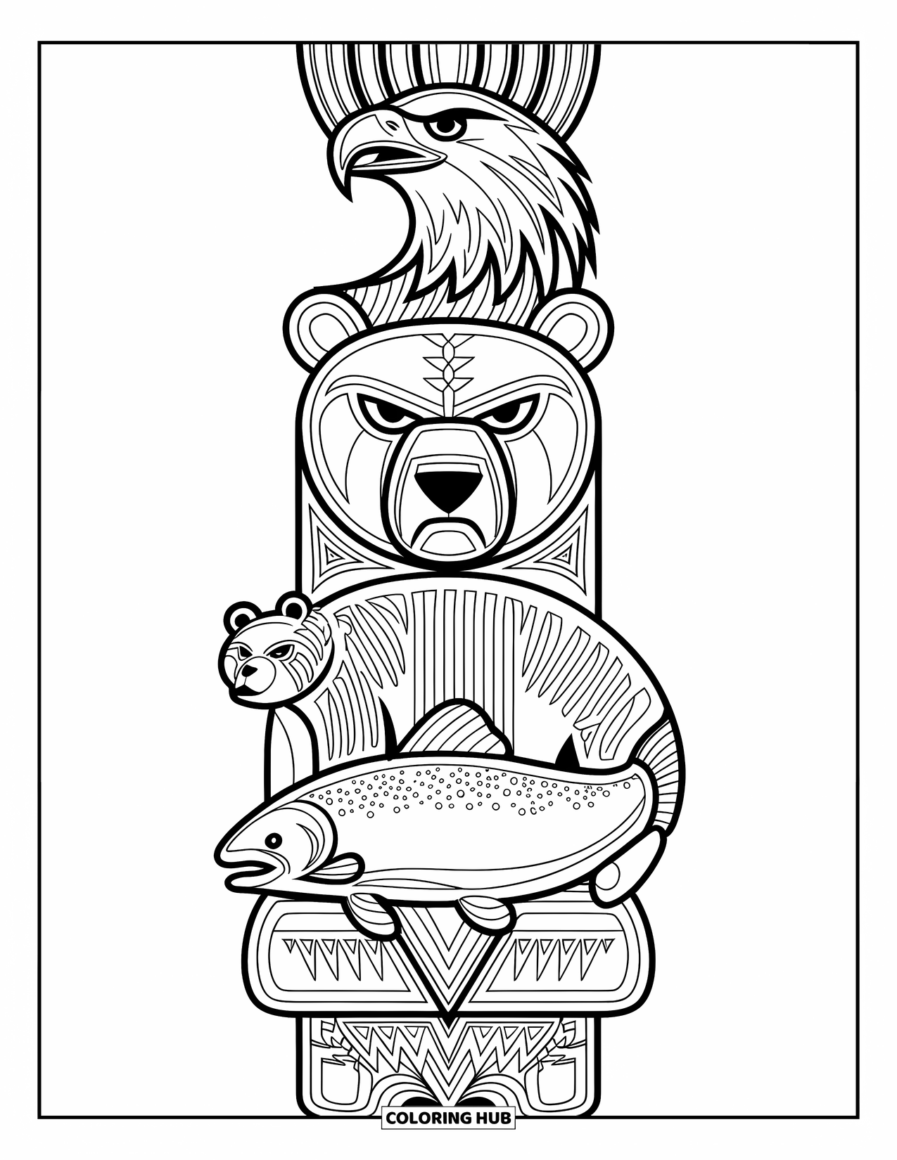 Totem Coloring Page for Adults: A vertical pole shows an eagle, bear, and salmon in expressive style