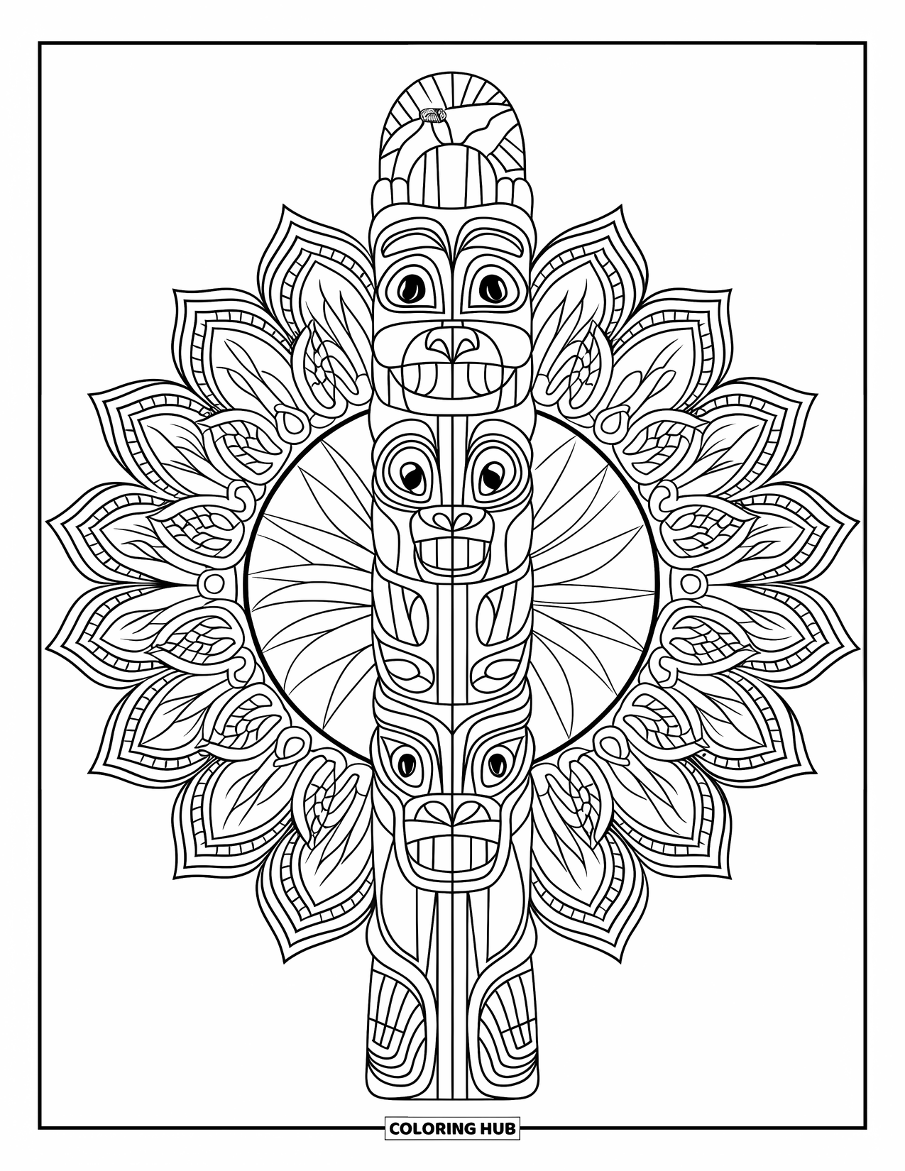 Totem Coloring Page for Adults: A vertical totem pole is surrounded by a detailed botanical mandala