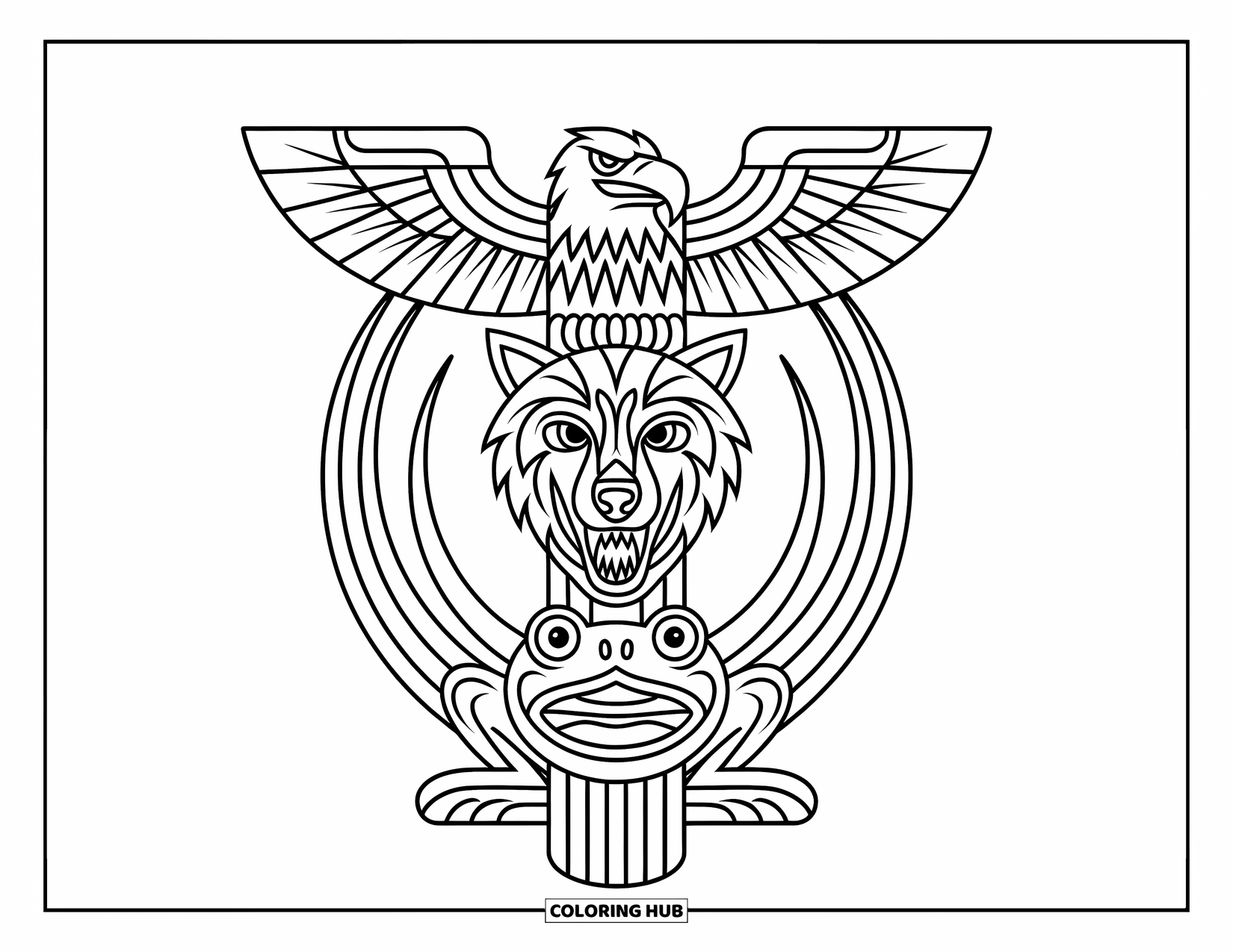 Totem Coloring Page for Adults: An eagle, wolf, and frog face stack on a pole within a circle
