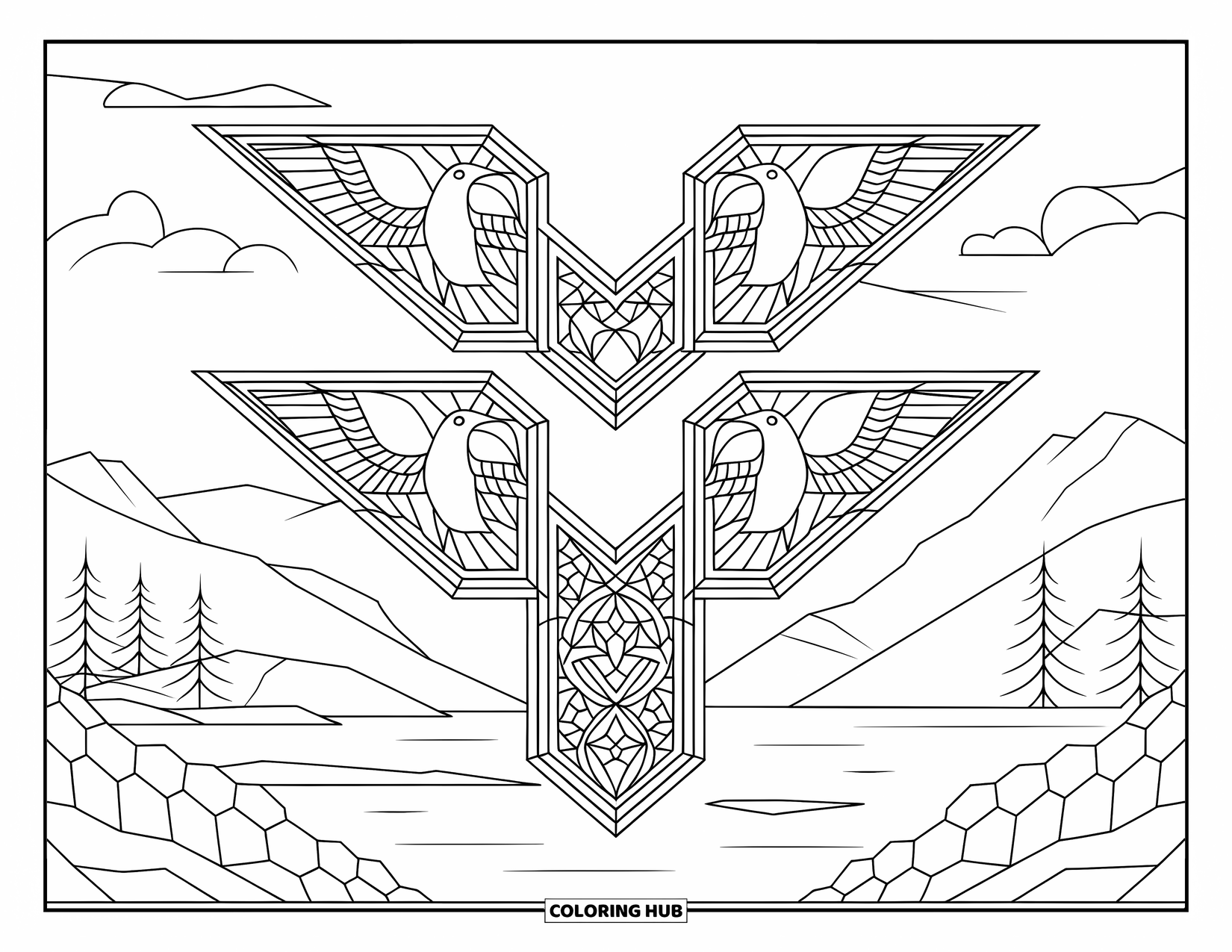 Totem Coloring Page for Adults: Four ravens with outstretched wings rest in stained glass frames above a calm landscape