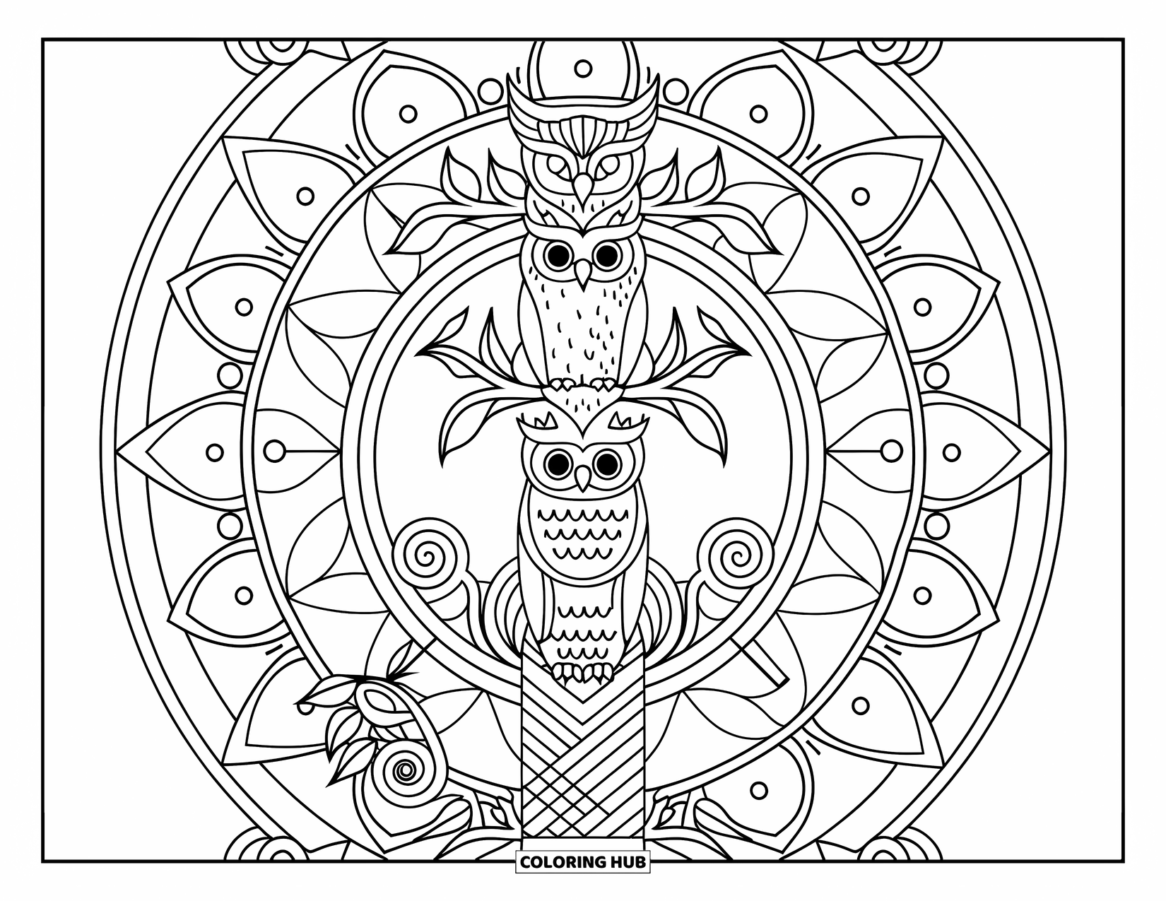 Totem Coloring Page for Adults: Stacked owls form a tall totem framed by swirling vines and mandala symmetry