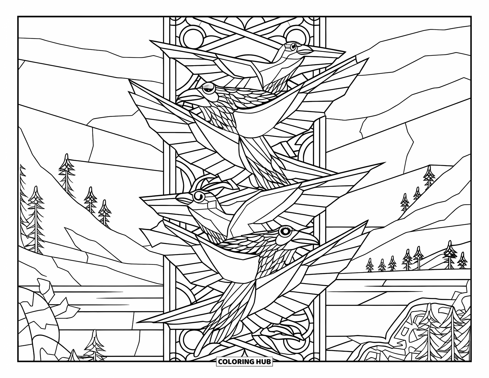 Totem Coloring Page for Adults: Stacked ravens with wide eyes and spread wings stand within stained glass frames