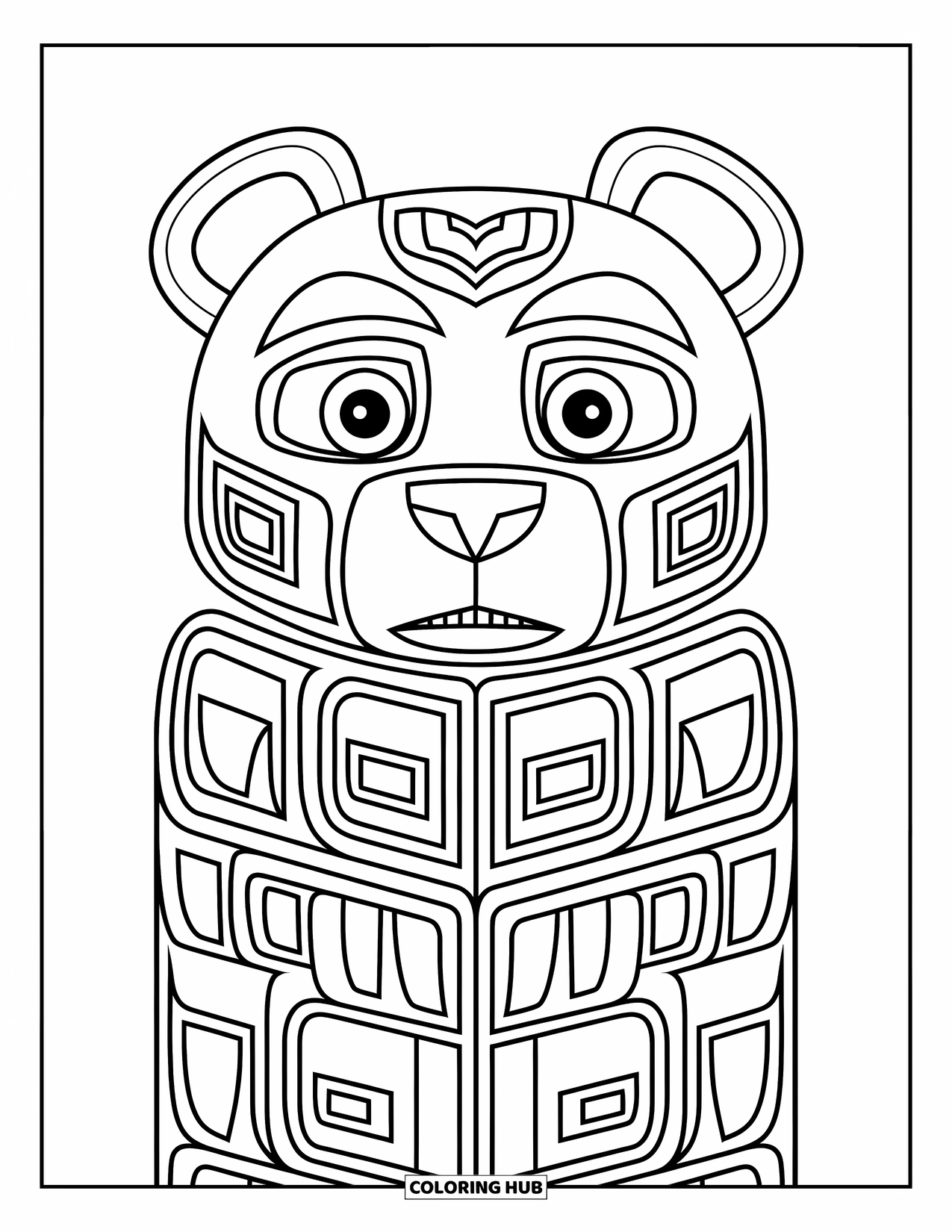 Totem Coloring Page for Kids: A bear face sits among geometric carvings on a totem pole