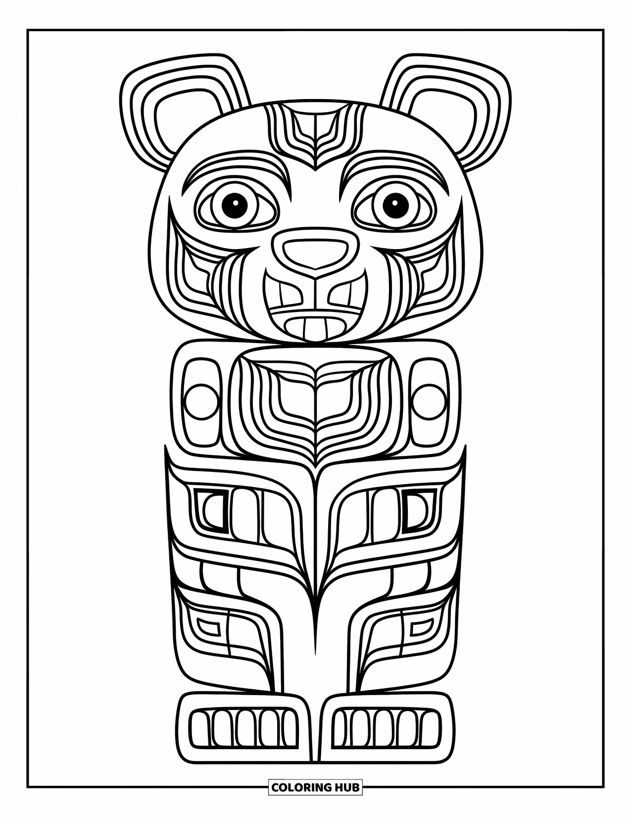 Totem Coloring Page for Kids: A bear face with bold shapes tops a totem design