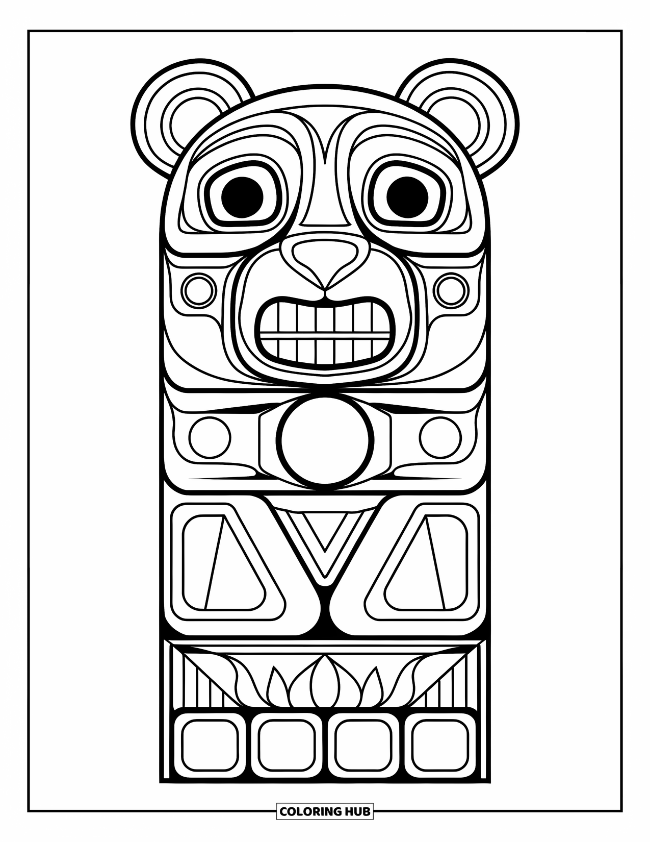 Totem Coloring Page for Kids: A bear totem face shows exaggerated teeth and patterns