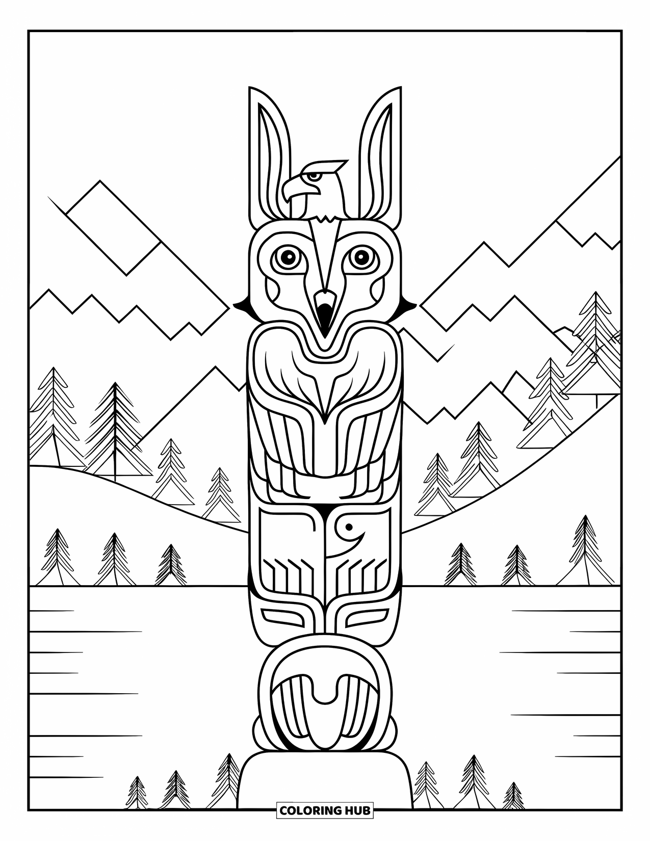 Totem Coloring Page for Kids: A dual-animal totem shows a wolf and eagle before mountain peaks