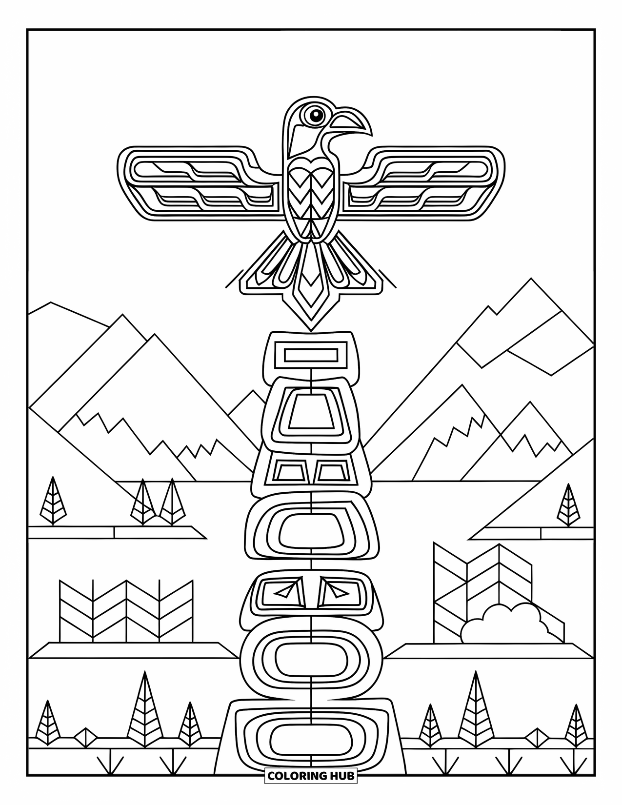 Totem Coloring Page for Kids: A four-tier pole has a thunderbird above geometric animal carvings