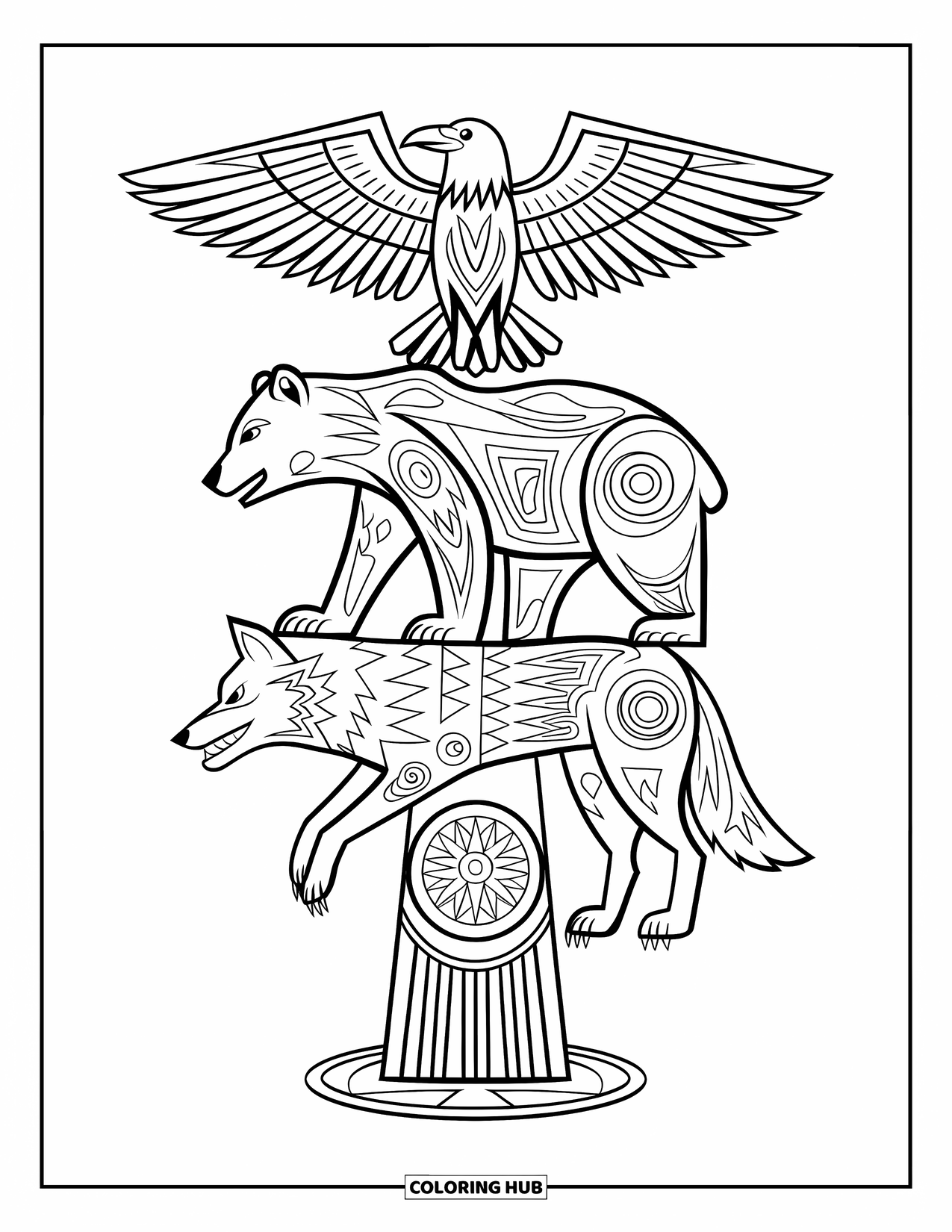 Totem Coloring Page for Kids: A pole shows a raven, bear, and wolf in totem style