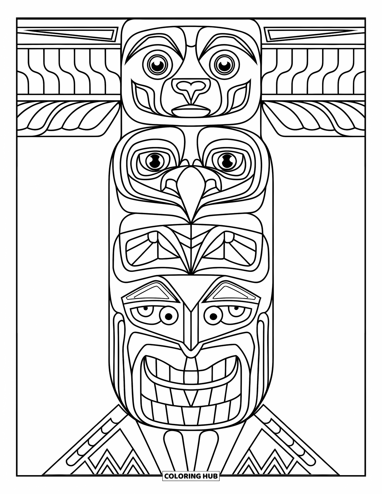 Totem Coloring Page for Kids: A preschool totem shows a bear, eagle, and salmon stacked