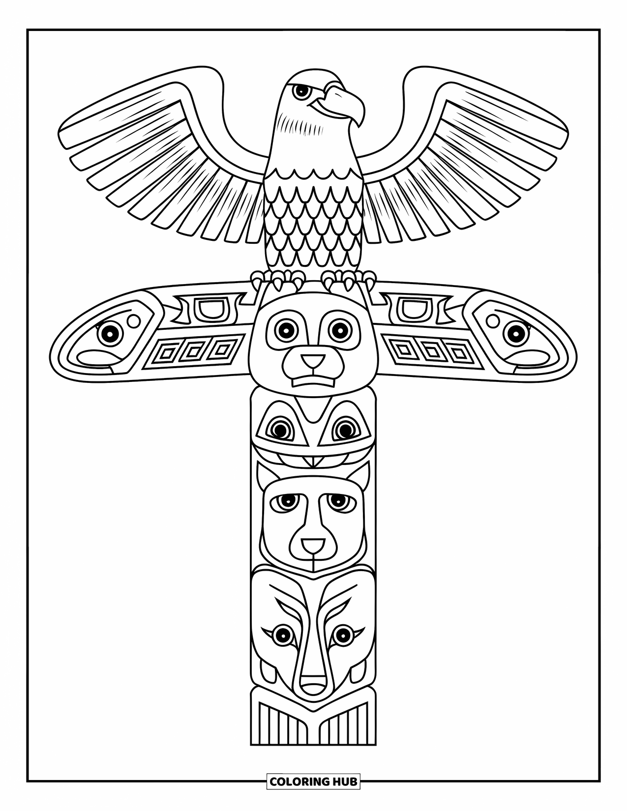 Totem Coloring Page for Kids: A short totem pole features a smiling eagle with animal carvings