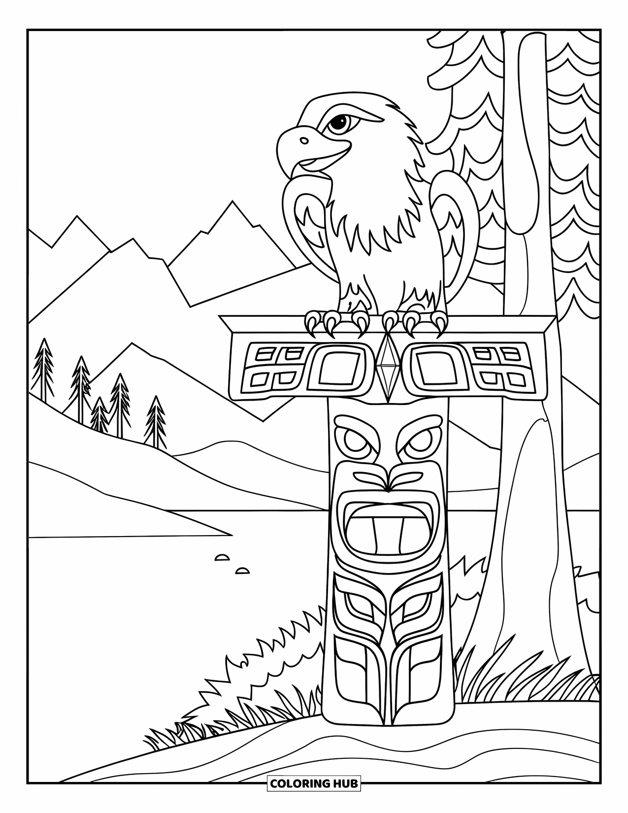 Totem Coloring Page for Kids: A smiling eagle tops a short totem beside a tree and water
