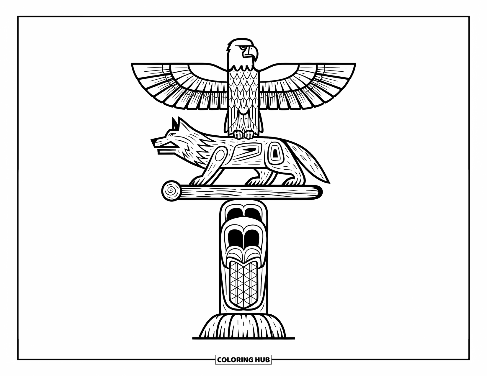 Totem Coloring Page for Kids: A textured totem shows a wolf, eagle, and beaver on top