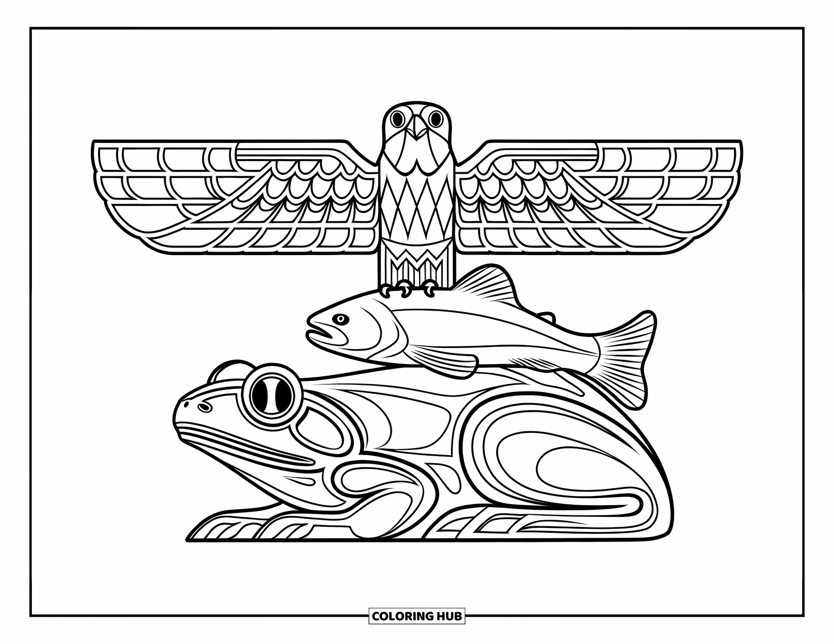 Totem Coloring Page for Kids: A totem pole displays a frog, salmon, and thunderbird stacked together