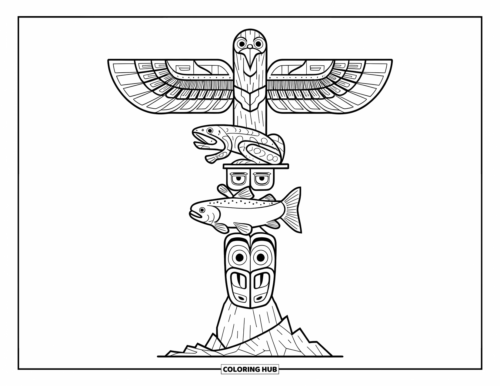 Totem Coloring Page for Kids: A totem pole shows a frog, salmon, and thunderbird with open wings