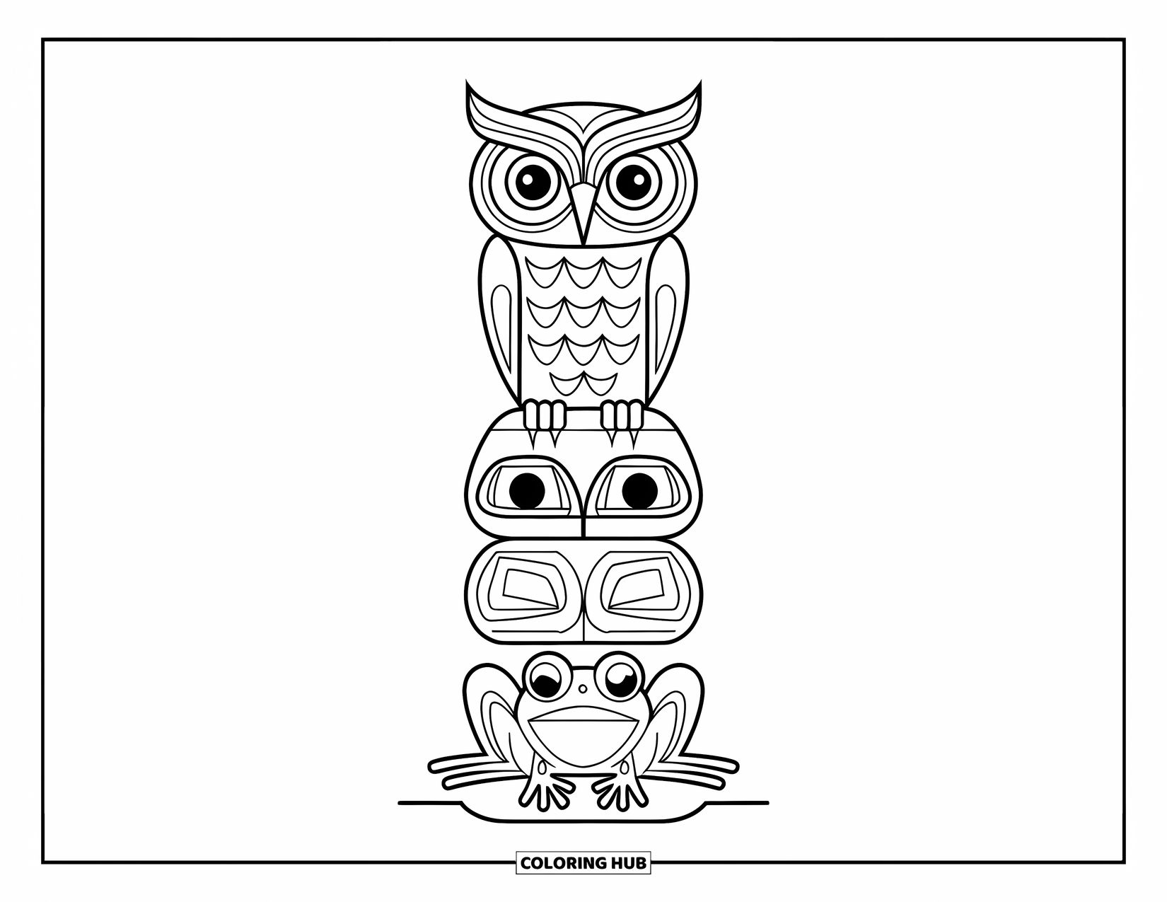 Totem Coloring Page for Kids: A wide-eyed owl and frog form sections of a totem pole