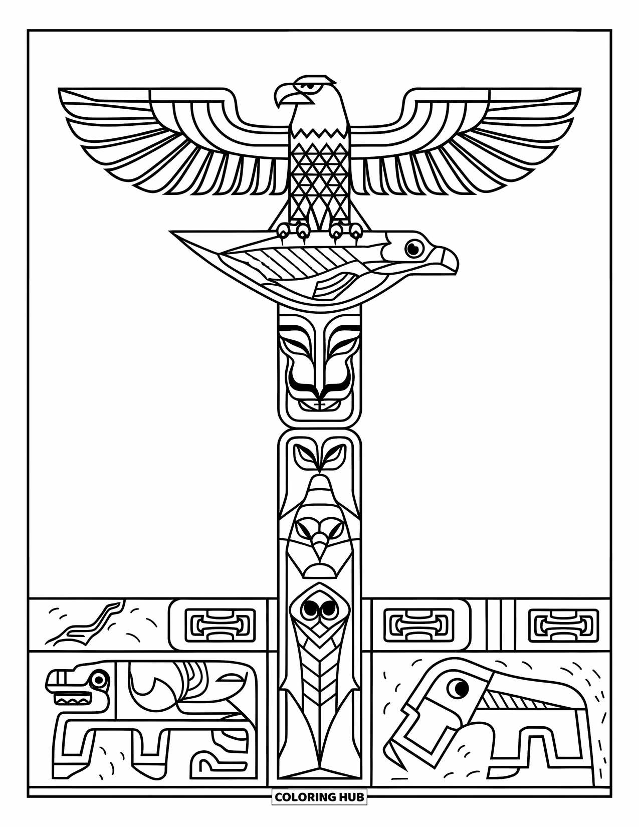 Totem Coloring Page for Kids: An eagle tops a pole of carved animals like salmon and raven