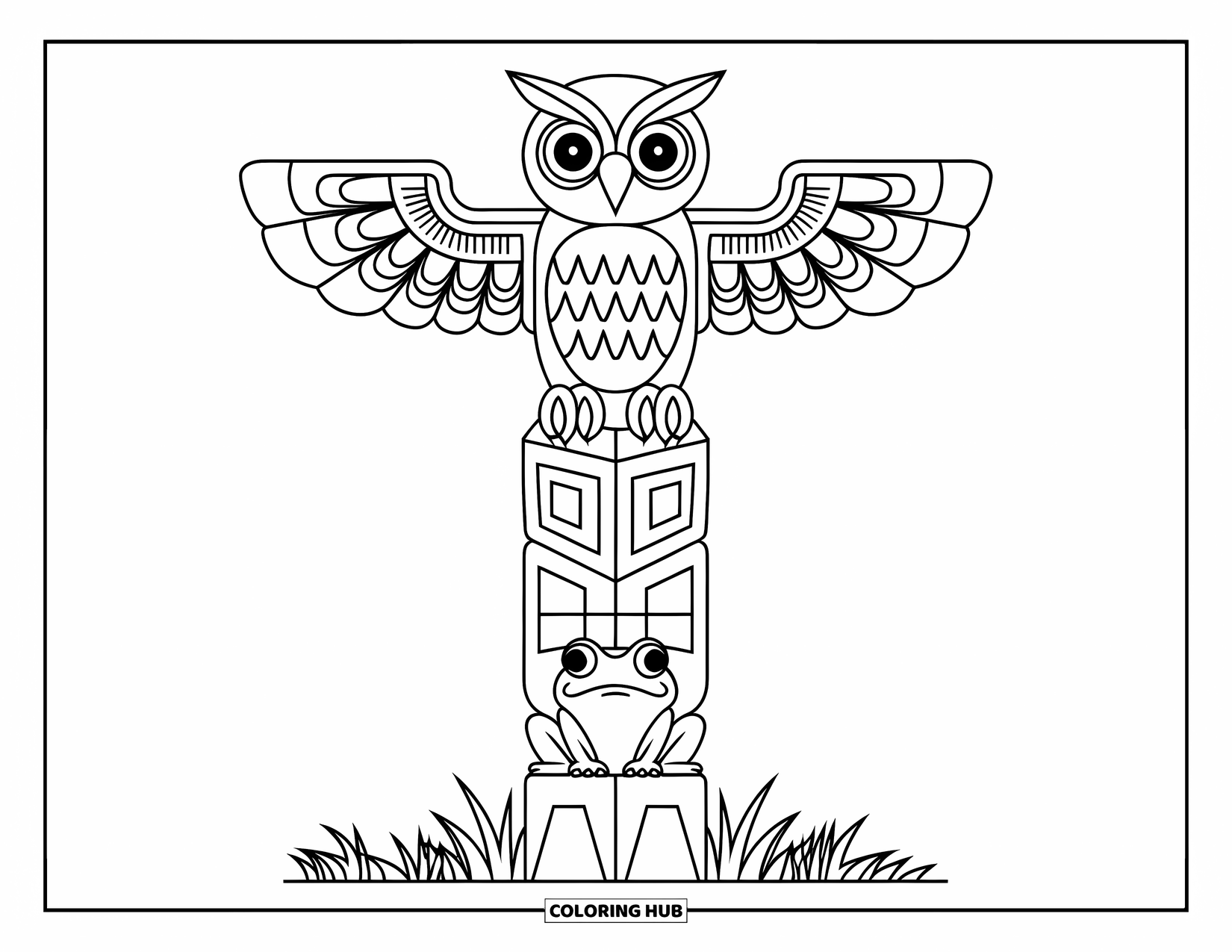Totem Coloring Page for Kids: An owl and frog sit on a simple, preschool-friendly totem