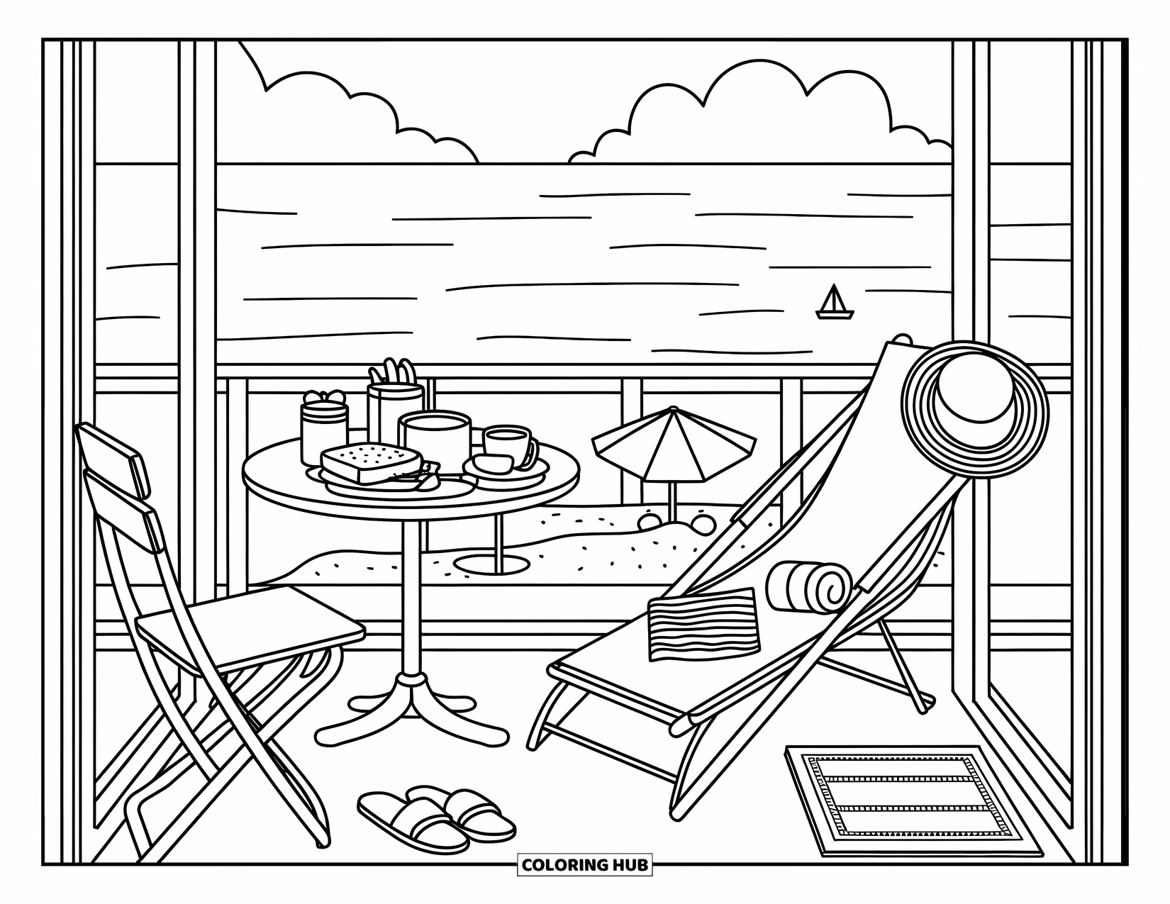 Travel Coloring Page for Adults: A cozy balcony overlooks the ocean with toast, tea, and a floppy sunhat