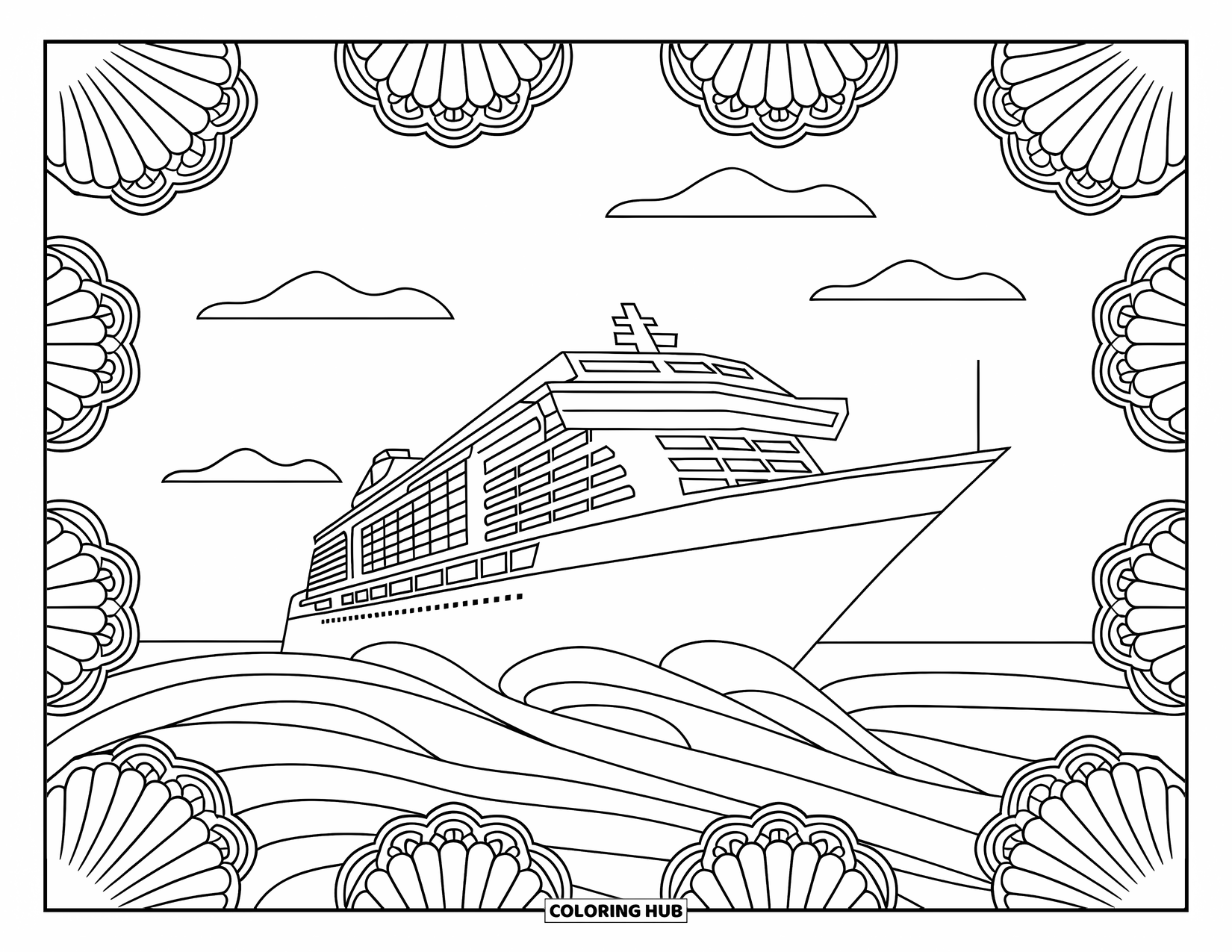 Travel Coloring Page for Adults: A cruise ship glides across waves framed by seashell mandala patterns