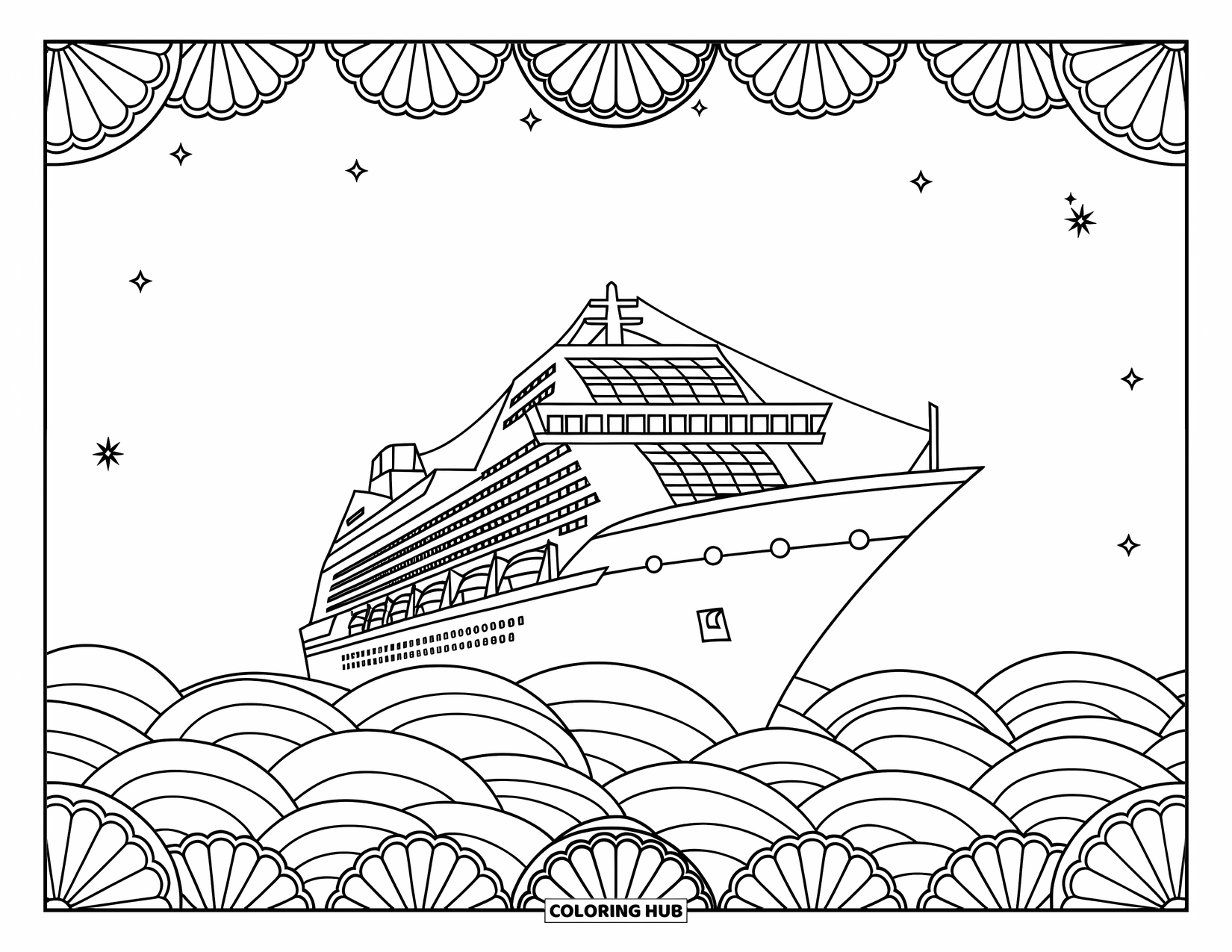 Travel Coloring Page for Adults: A cruise ship sails on patterned waves with seashell mandalas along the border