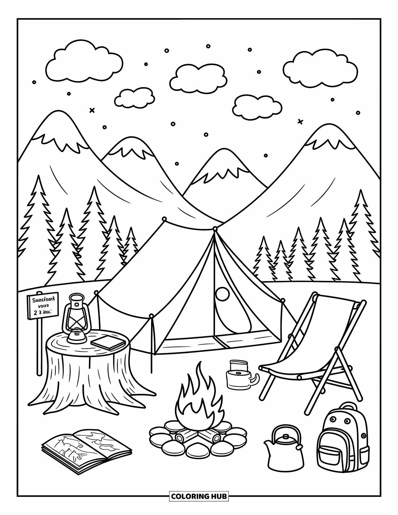 Travel Coloring Page for Adults: A cute campsite with a lantern, warm kettle, and trail sign near piney slopes