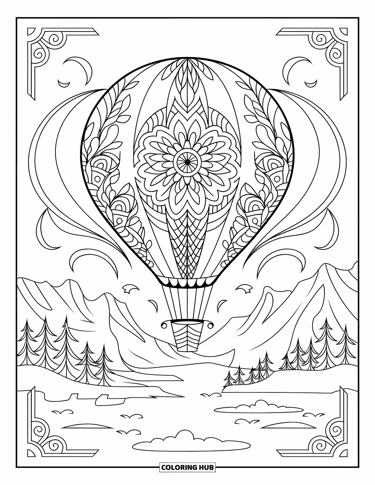 Travel Coloring Page for Adults: A hot air balloon floats above mountains in a swirling botanical mandala