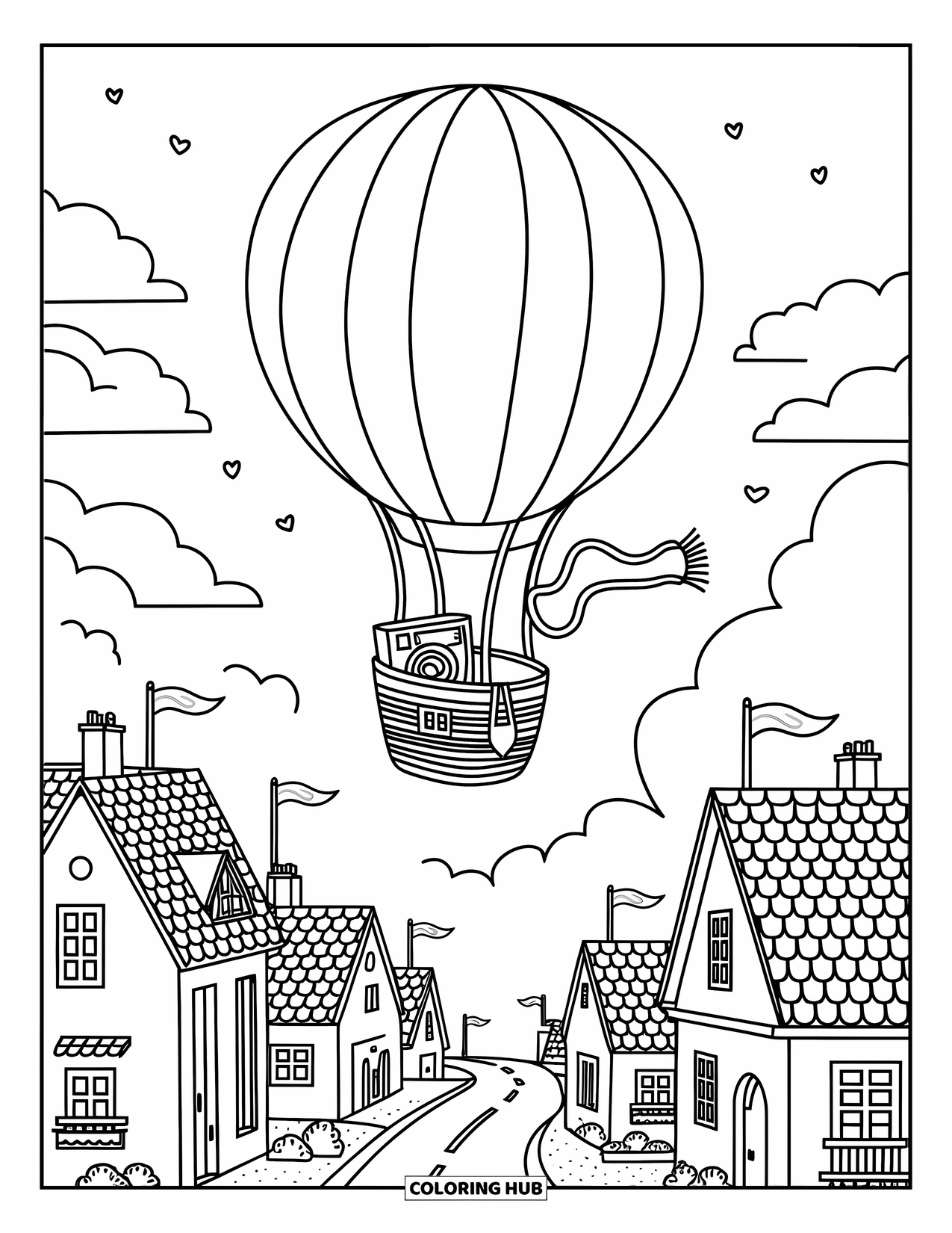 Travel Coloring Page for Adults: A hot air balloon floats over a town of rooftops, flags, and winding roads