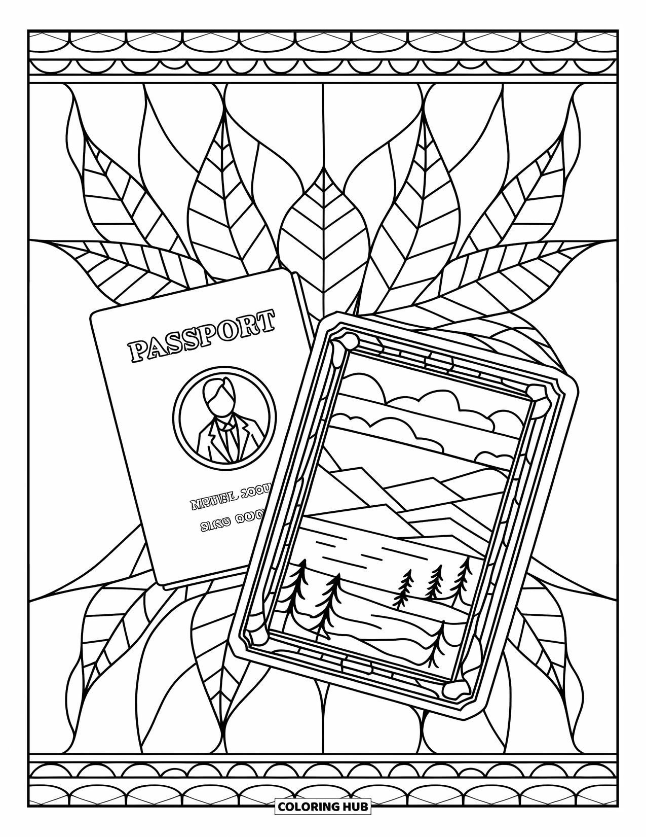 Travel Coloring Page for Adults: A passport and journal appear with floral stained glass and scenic photo designs