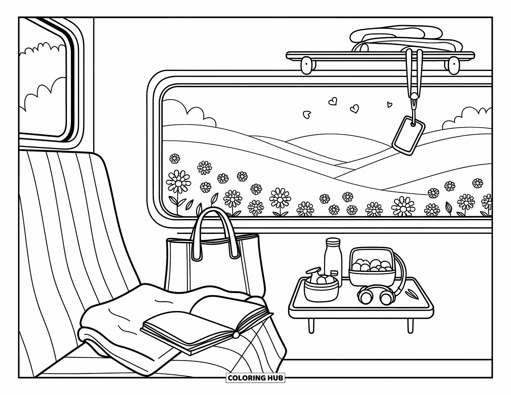 Travel Coloring Page for Adults: A quiet train nook with bento, a blanket, and scenery gently passing by
