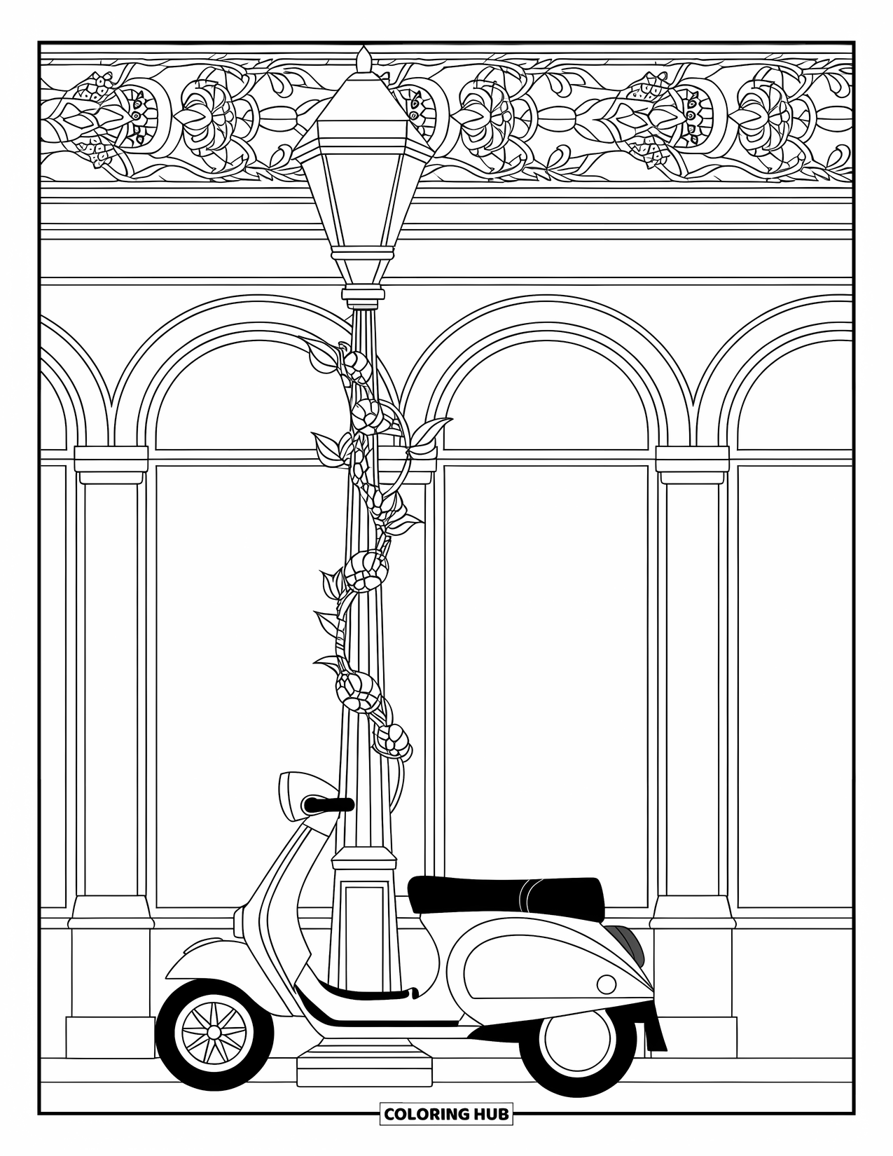 Travel Coloring Page for Adults: A scooter and lamppost stand near a building with floral stained glass vines