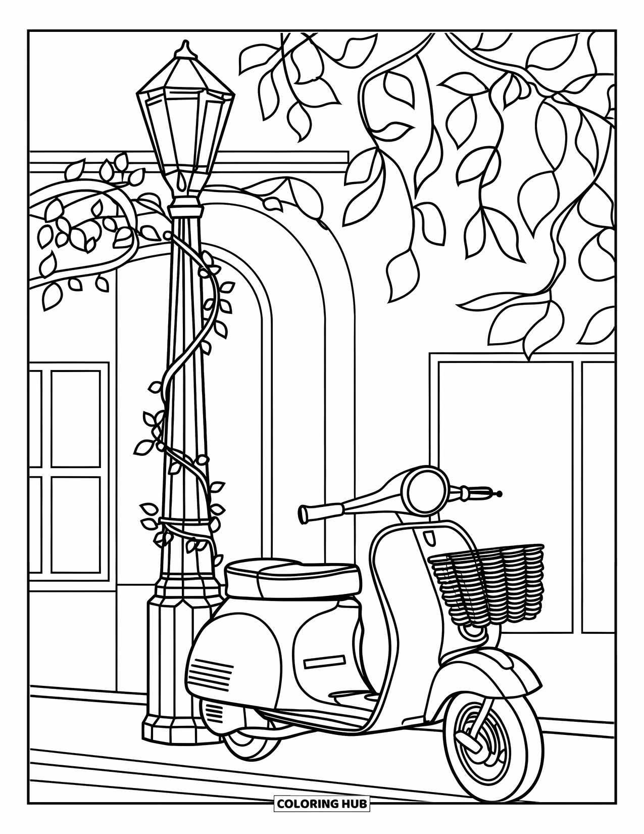 Travel Coloring Page for Adults: A scooter is parked beside a lamppost with stained glass vines curling around