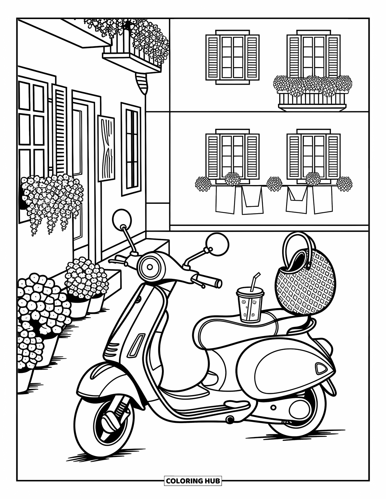 Travel Coloring Page for Adults: A scooter rests on a cobbled path beside a cafe table and potted plants