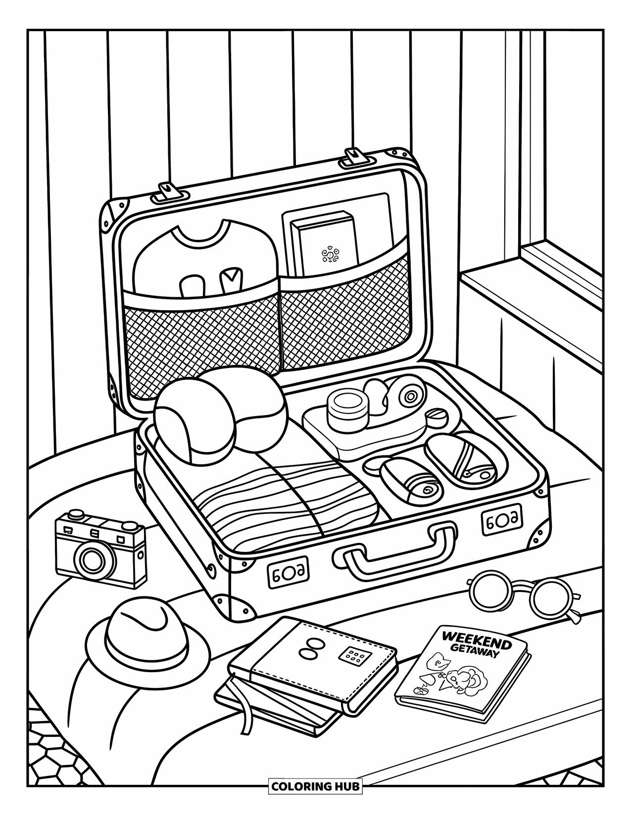 Travel Coloring Page for Adults: A suitcase packed with clothes, sunglasses, and a travel journal waits in a sunny room