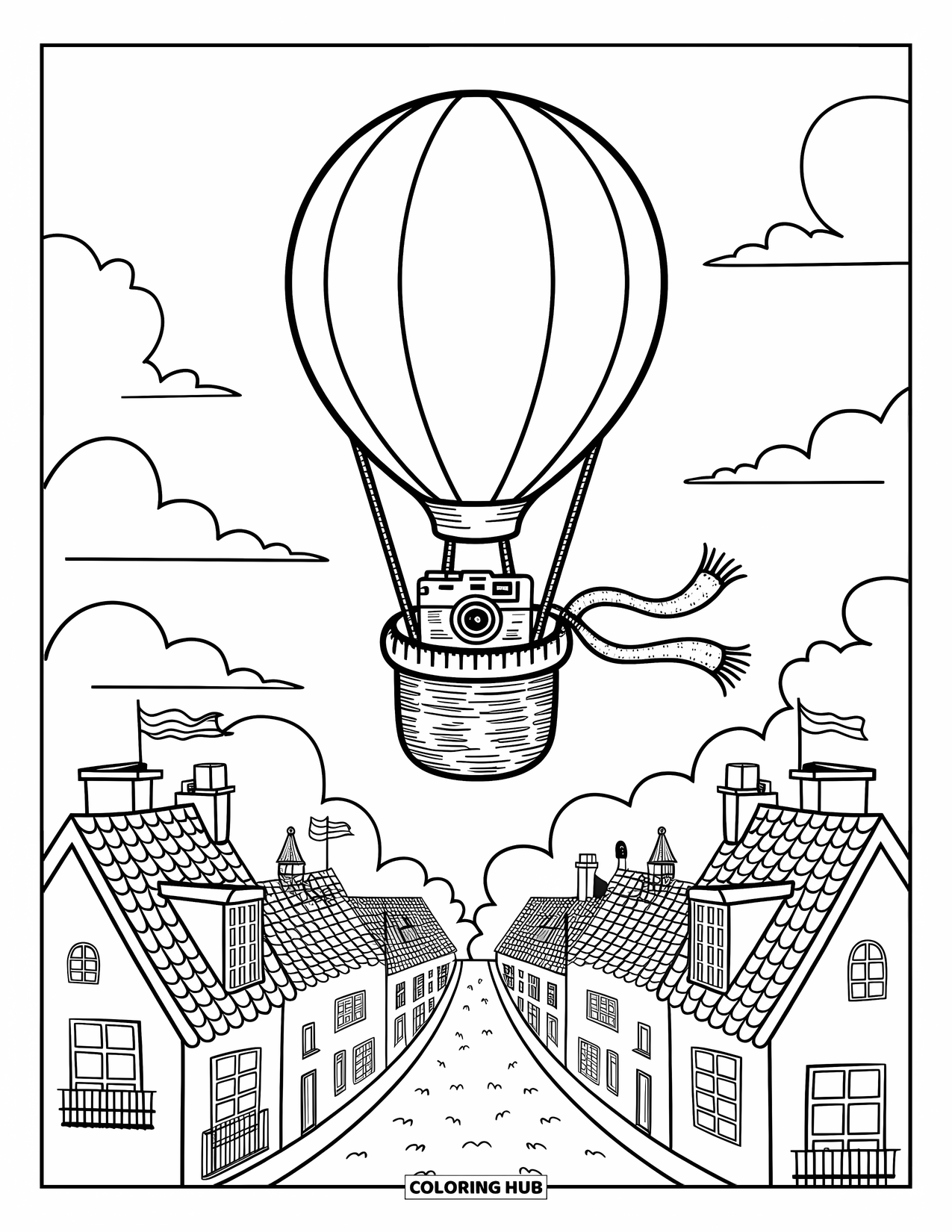 Travel Coloring Page for Adults: A tall balloon floats above tiny rooftops and trees with a scarf fluttering from the basket