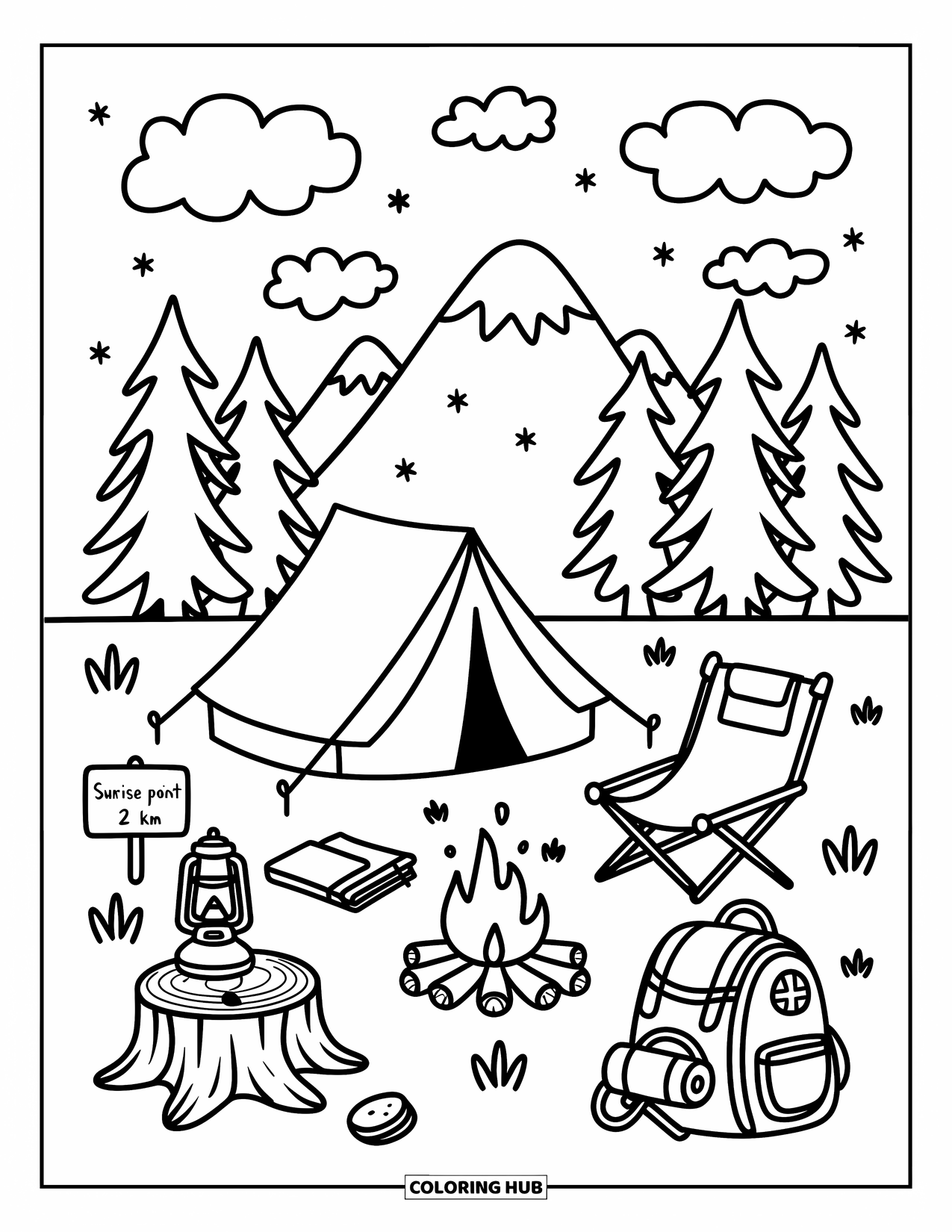 Travel Coloring Page for Adults: A tiny campsite with a warm fire, trail sign, and mountain stars above