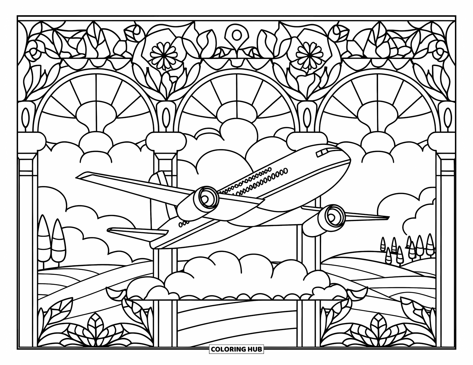 Travel Coloring Page for Adults: An airplane floats above clouds and hills within floral stained glass patterns