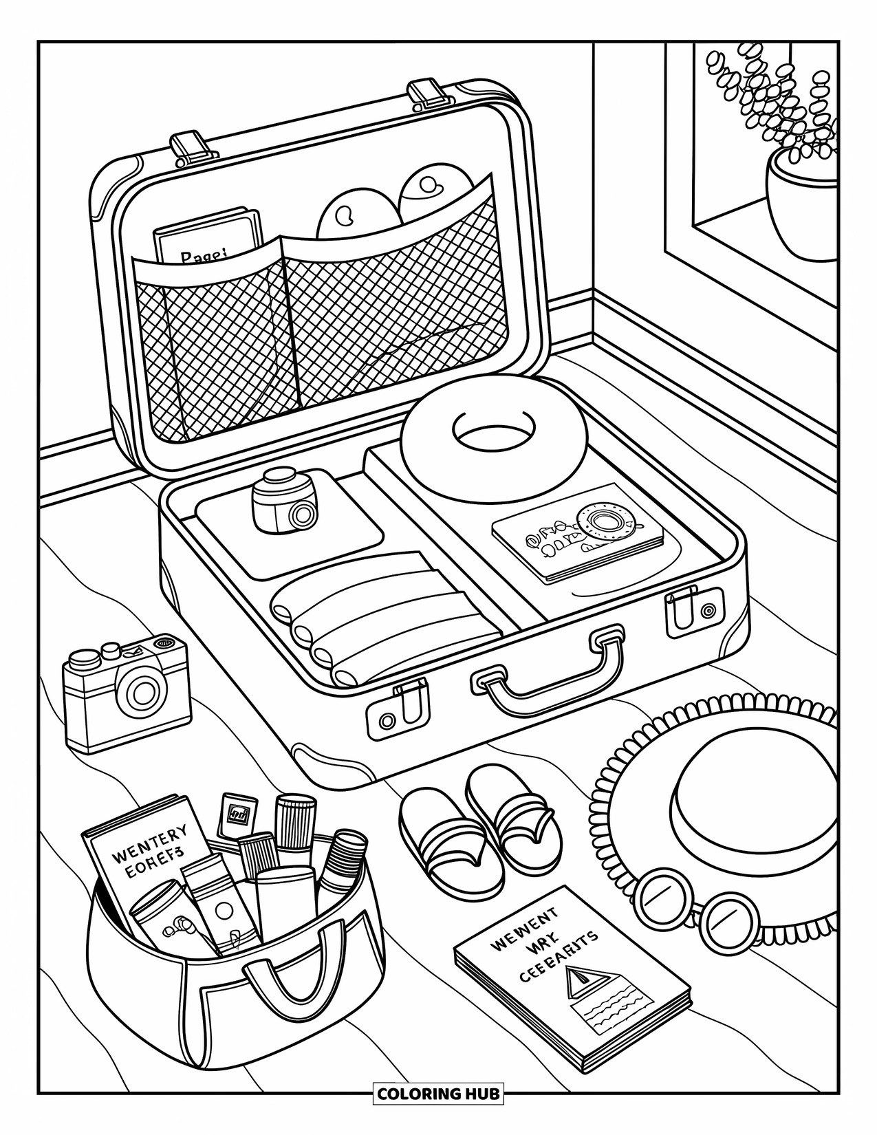 Travel Coloring Page for Adults: Clothes, maps, and a sunhat surround an open suitcase in a sunlit bedroom